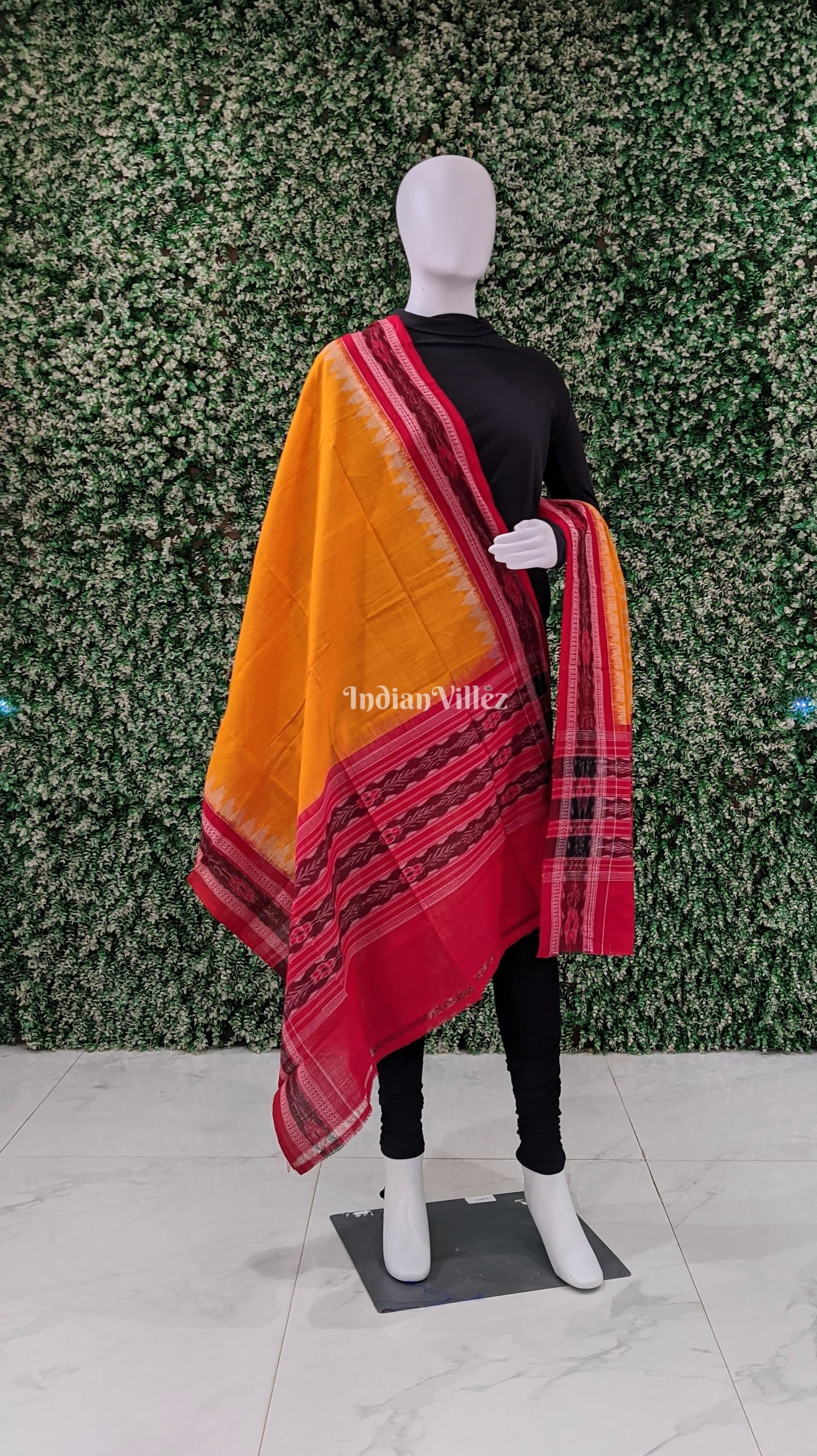Yellow Red Handwoven Odisha Ikat Cotton Dupatta