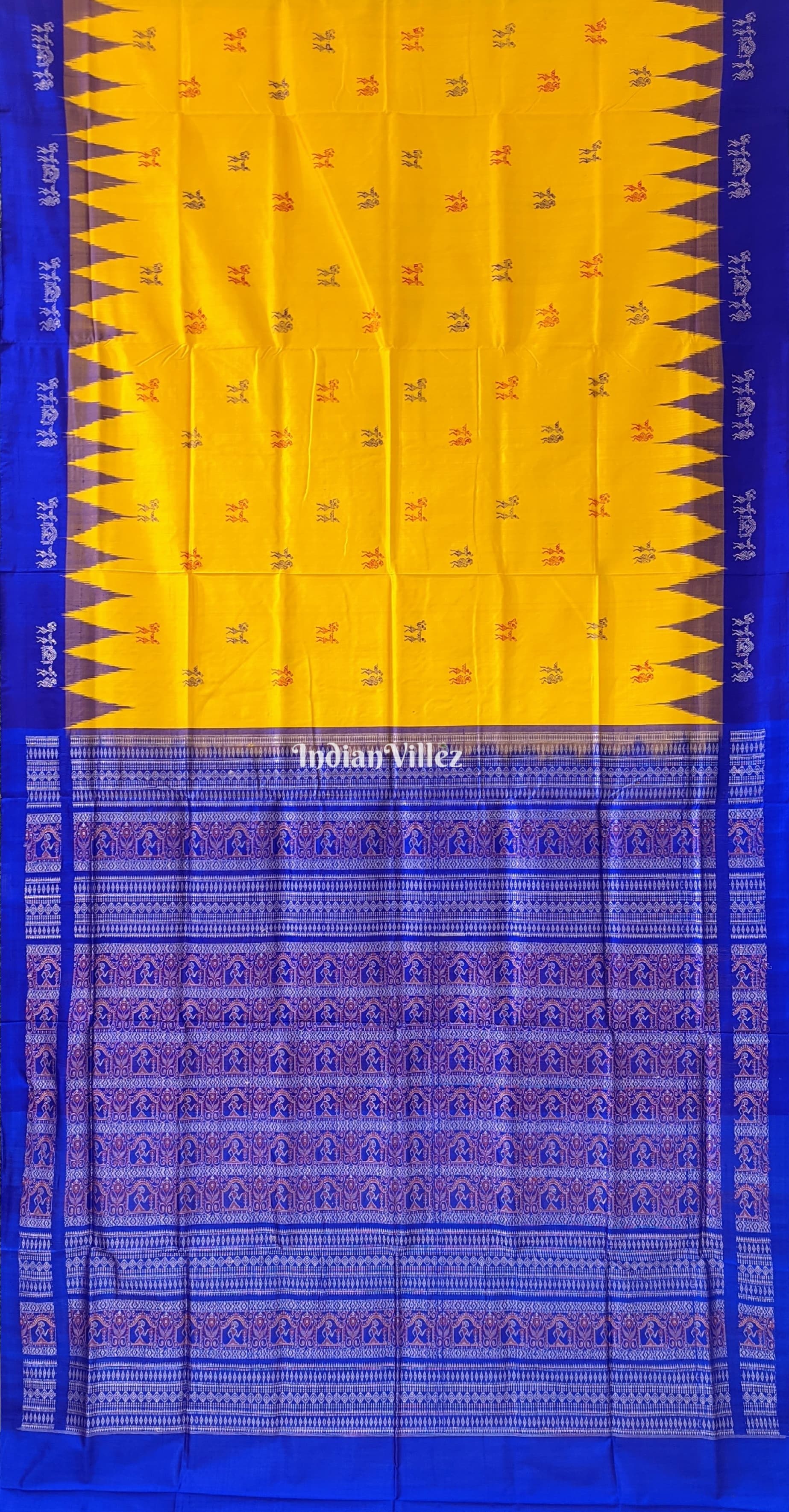 Yellow Blue Tribal Theme Sambalpuri Silk Saree