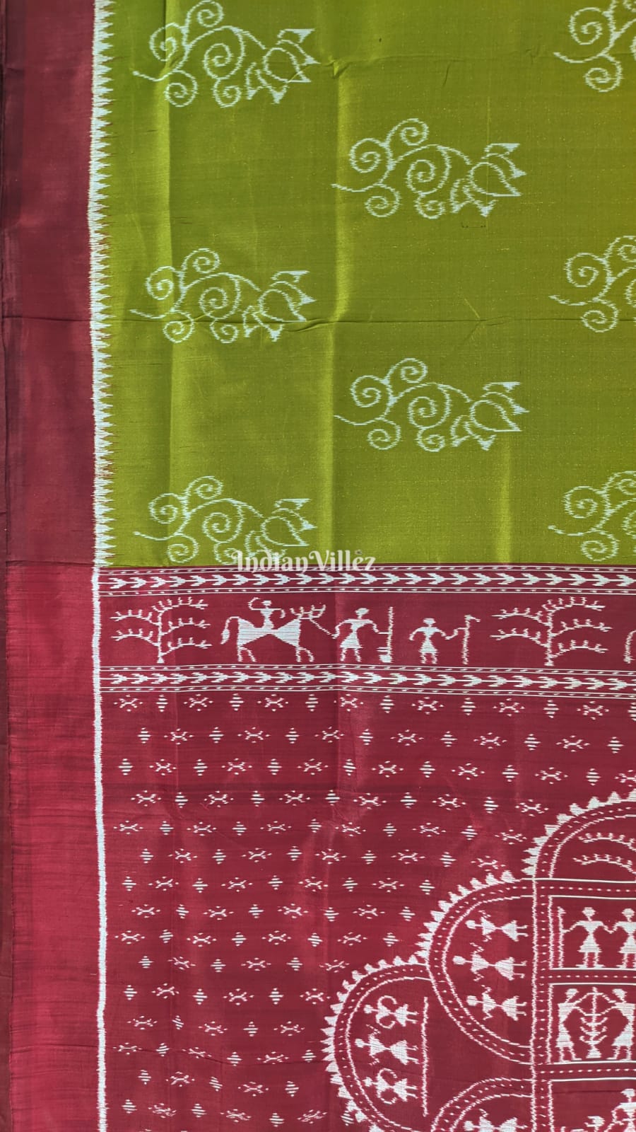 Mehndi Green Odisha Ikat Contemporary Silk Saree with Tribal Anchal