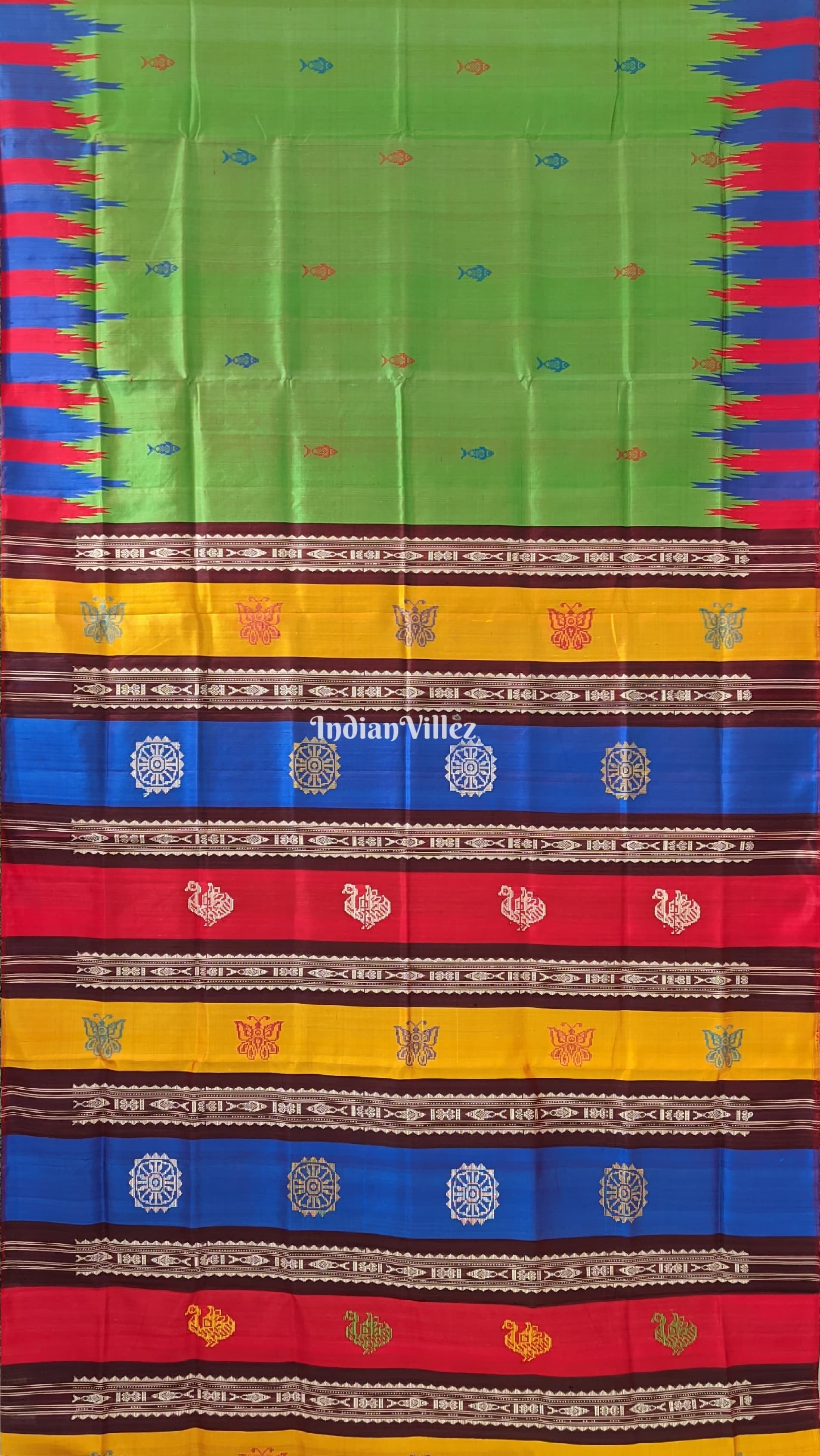 Green Fish Motif Double Pallu Berhampuri Silk Saree