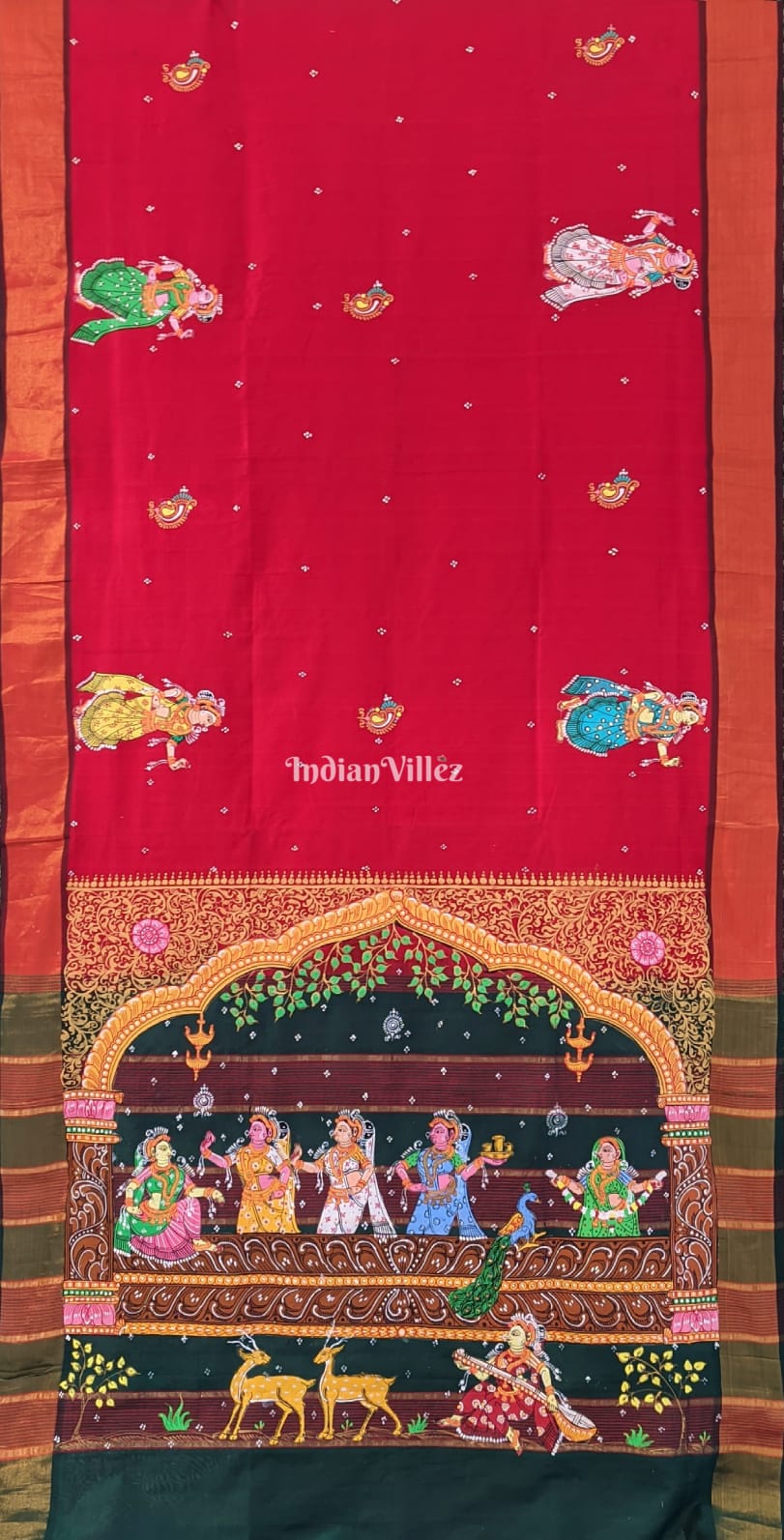 Red Green Nartaki Pattachitra Khadi Silk Saree