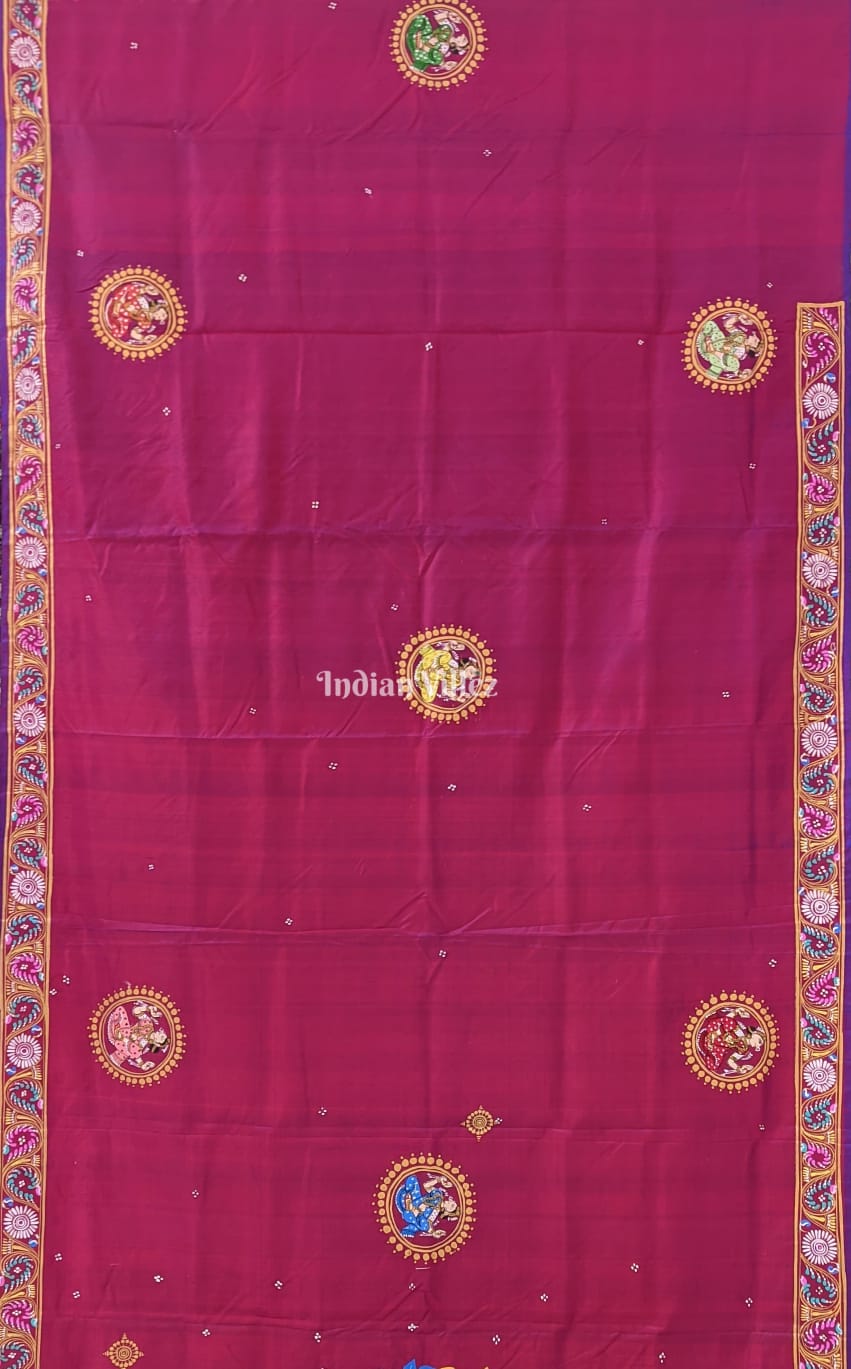 Maroon Radha Krishna Pattachitra Art Pure Silk Saree
