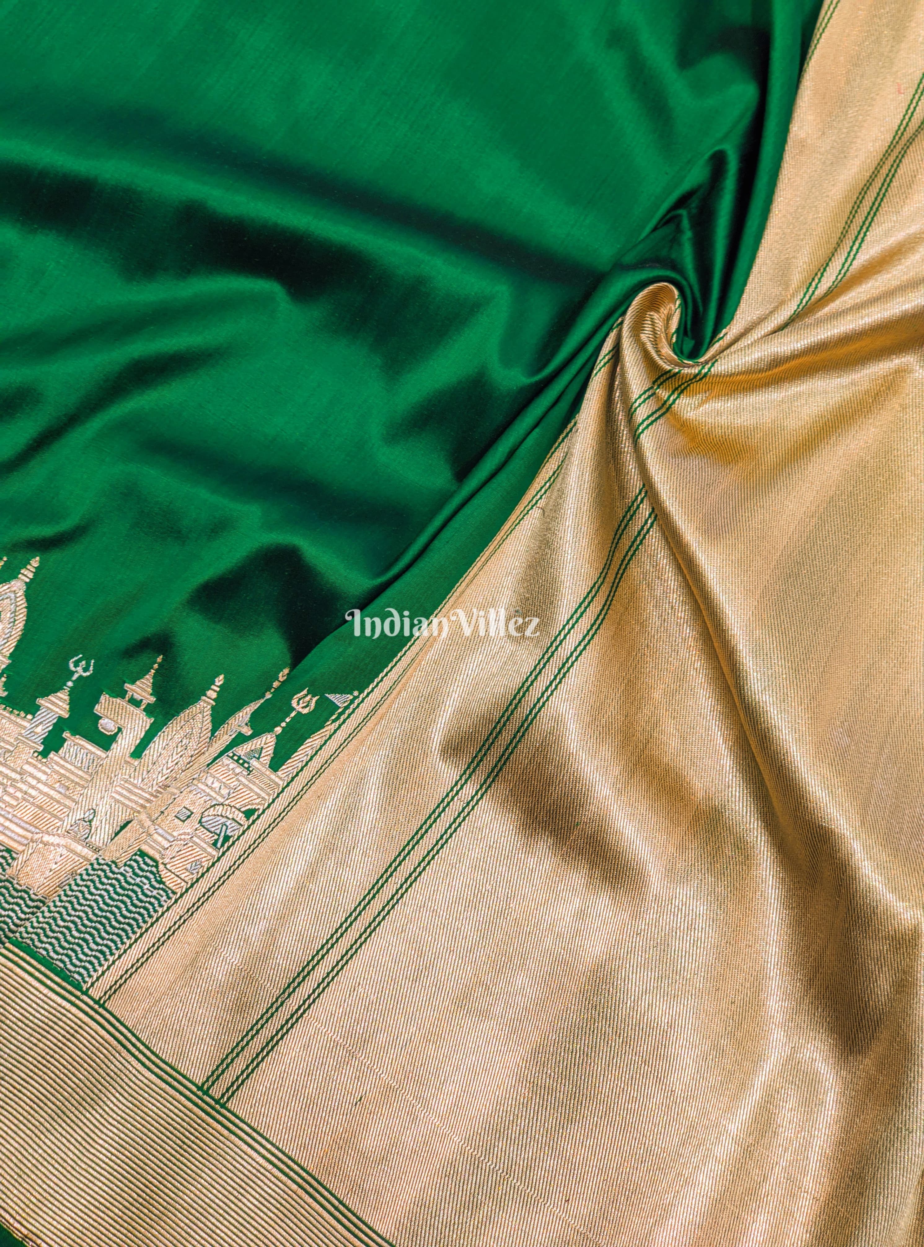 Bottle Green Handwoven Banarasi Katan Silk Saree with Kashi Ghat Weaves