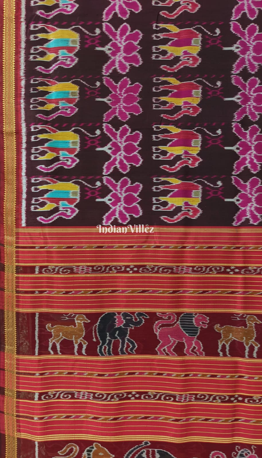 Wine Color Elephant Lotus Khandua Silk Saree