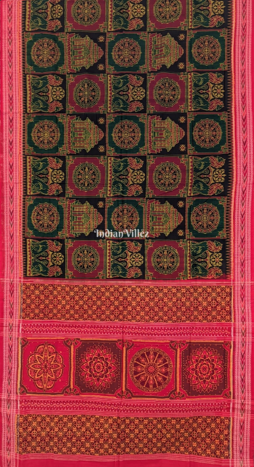 Green Konark Temple Theme Sambalpuri Pure Cotton Saree