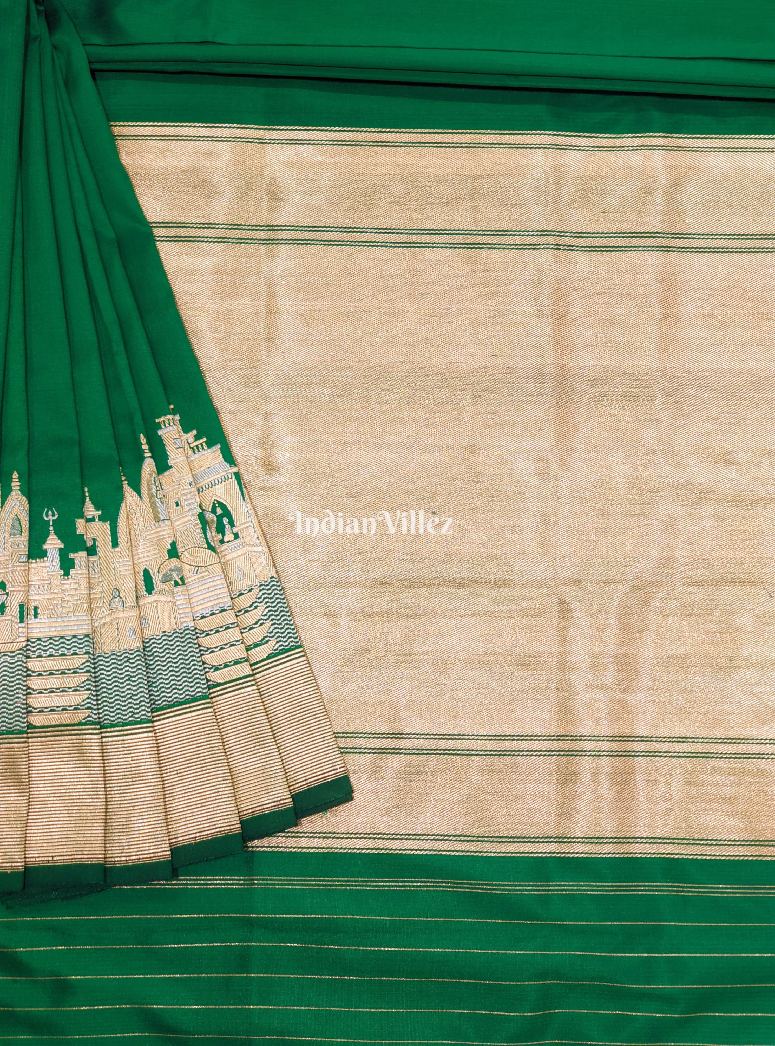 Bottle Green Handwoven Banarasi Katan Silk Saree with Kashi Ghat Weaves