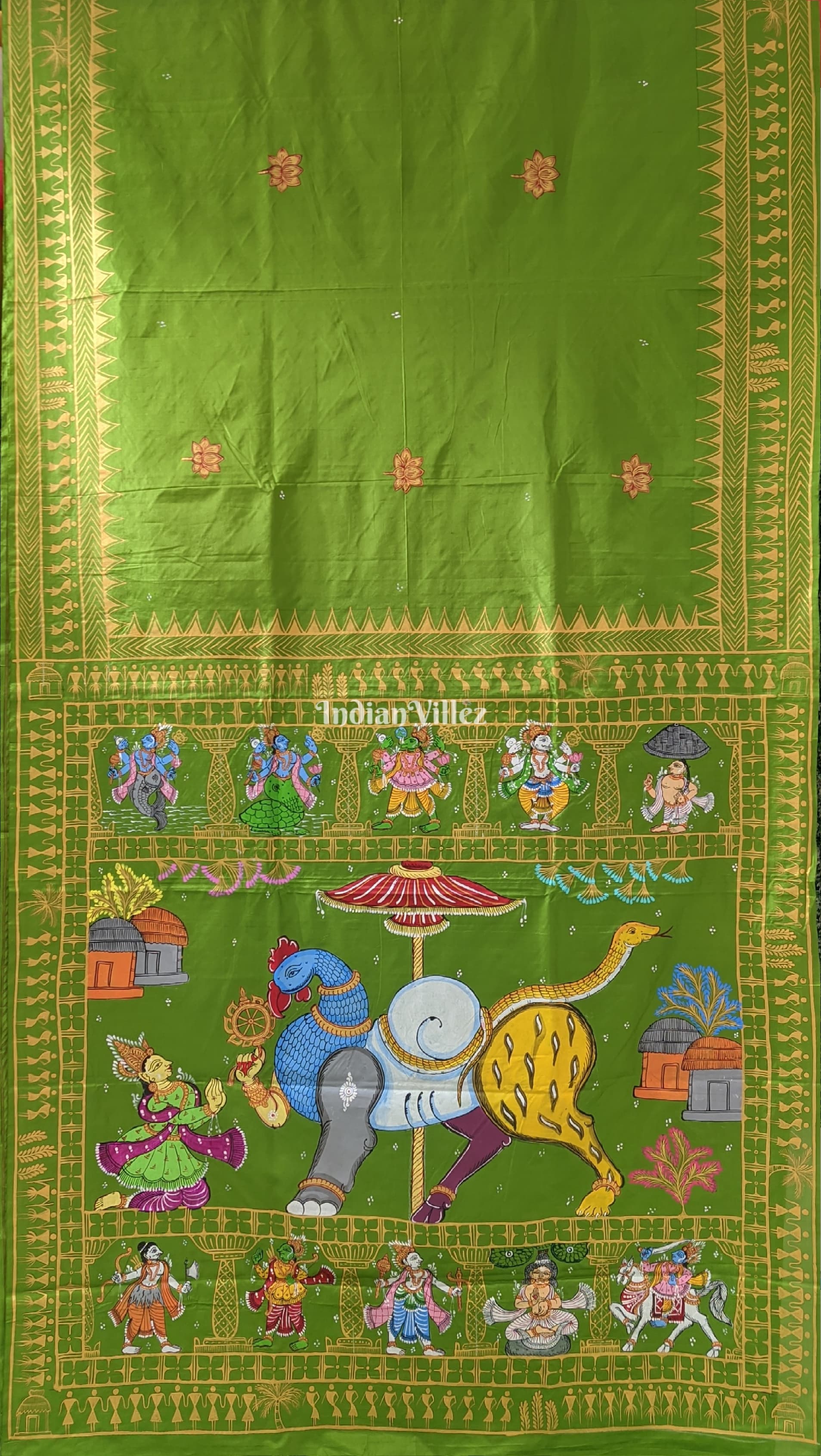 Parrot Green Arjuna Bows to Navagunjara Pure Pattachitra Silk Saree