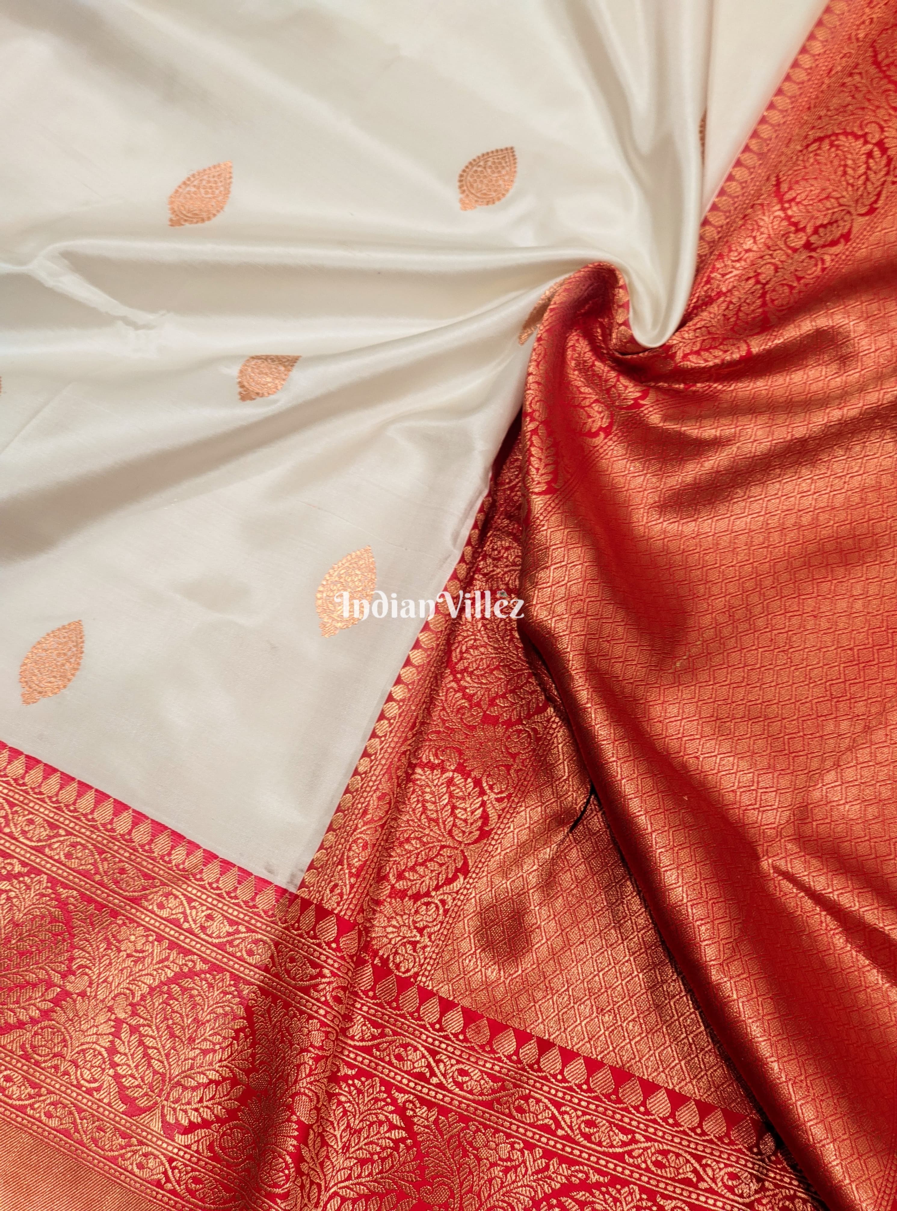 White Red Banarasi Katan Silk Saree