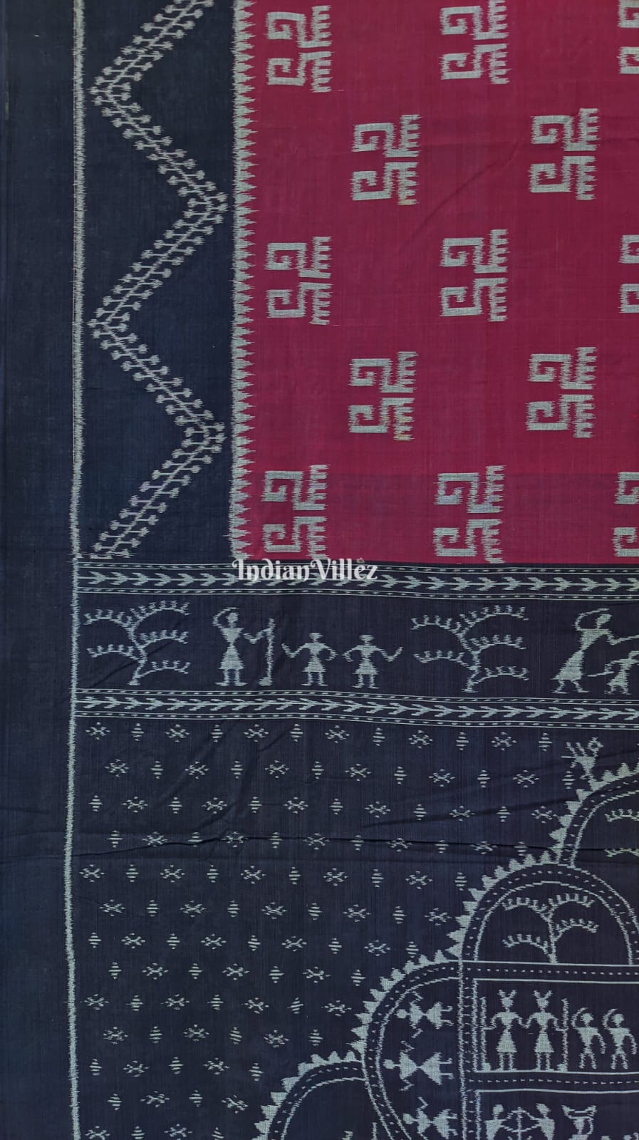 Wine Odisha Ikat Sambalpuri Cotton Saree with Tribal Anchal