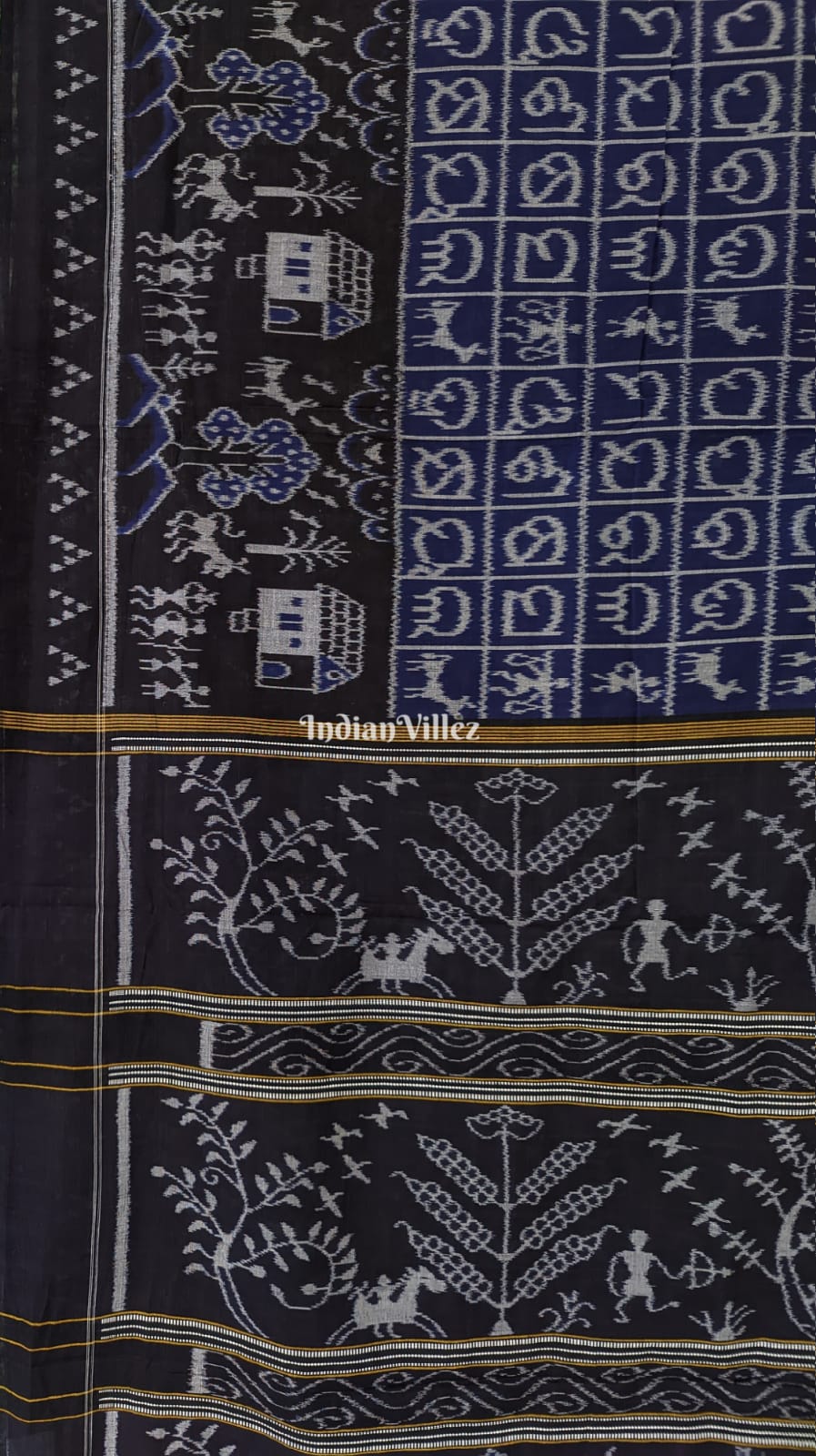 Indigo Blue Odia Barnamala Sambalpuri Pure Cotton Saree