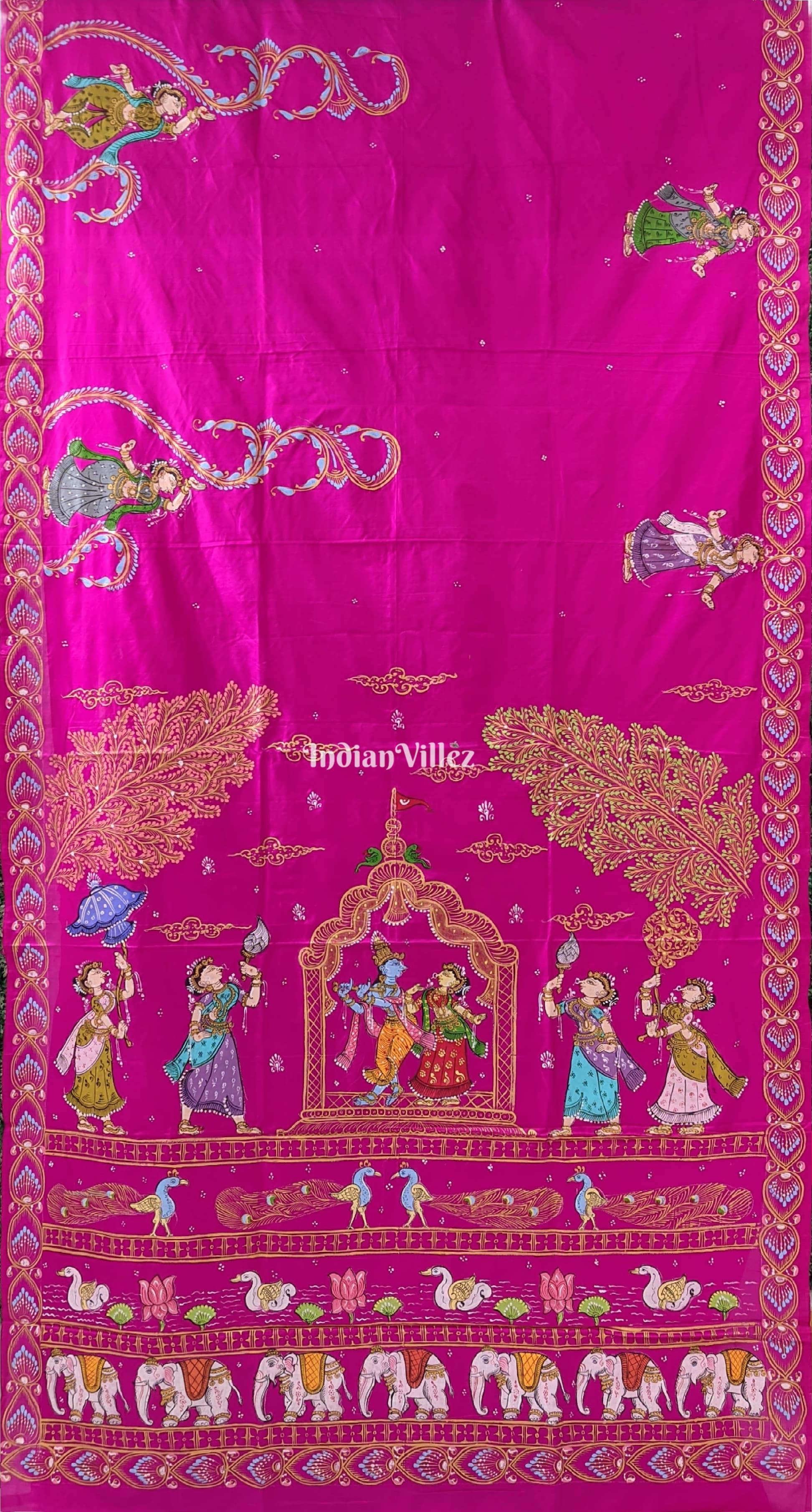 Rani Pink Krishna Rasa Leela Pattachitra Silk Saree