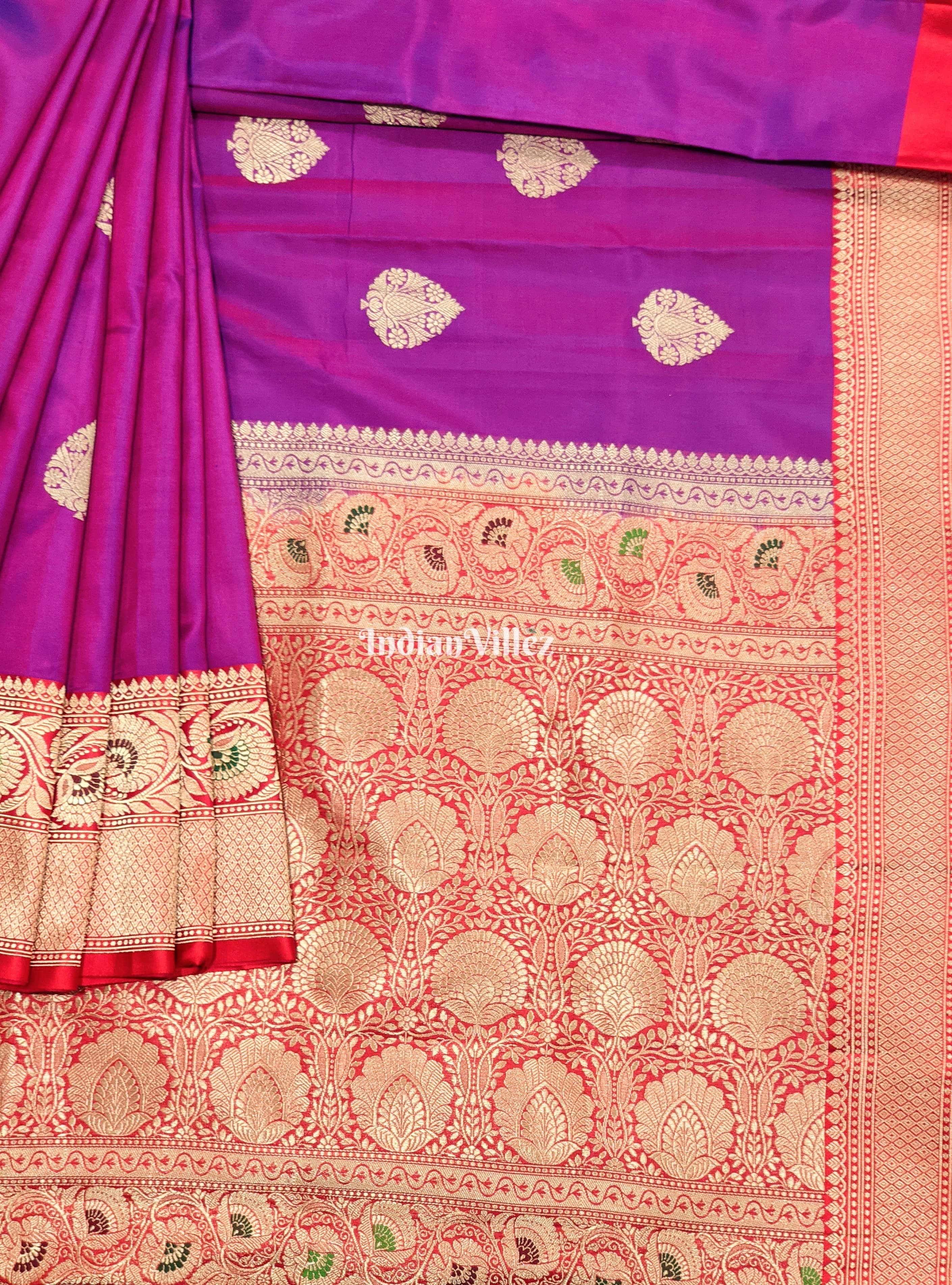 Purple Red Banarasi Pure Katan Silk Saree