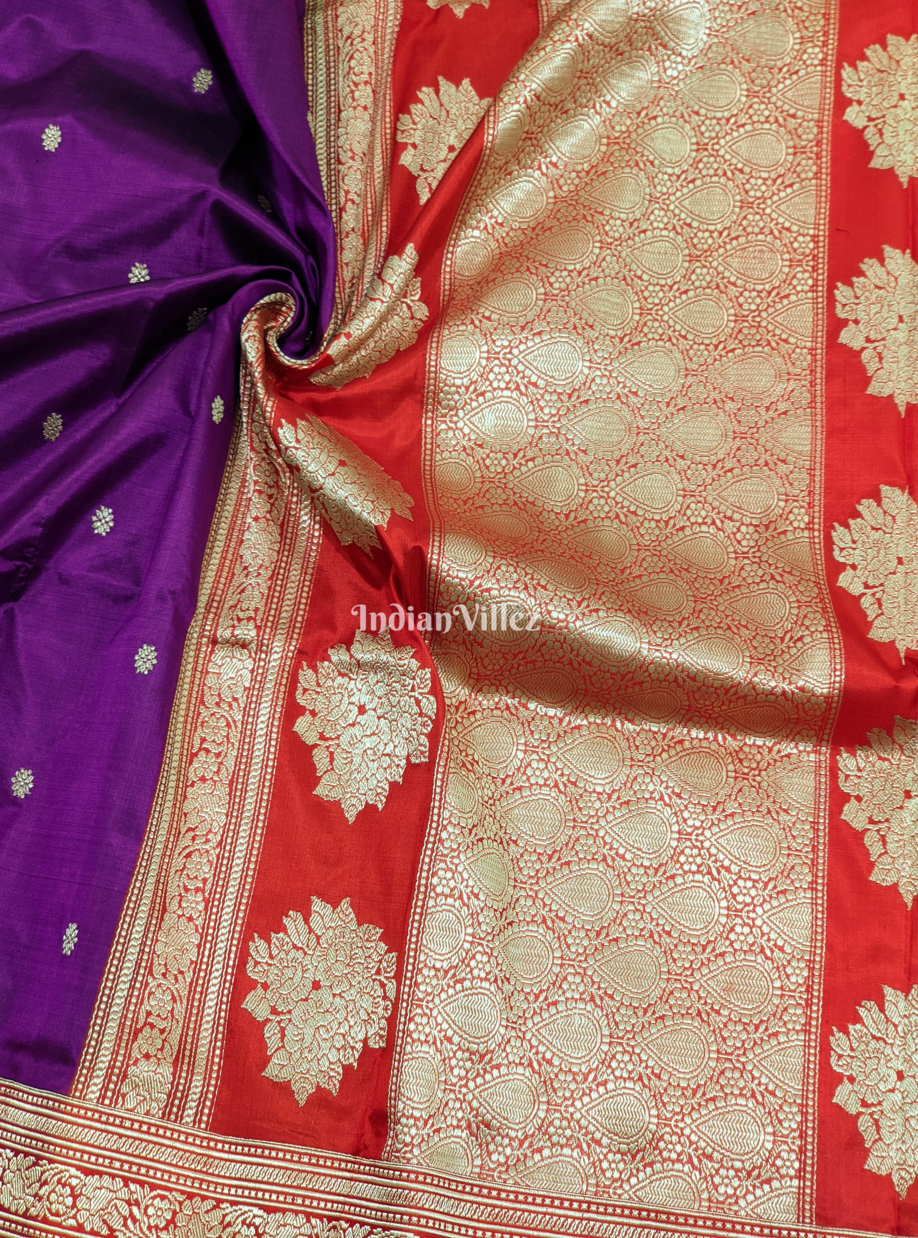 Purple & Red Designer Banarasi Katan Silk Saree