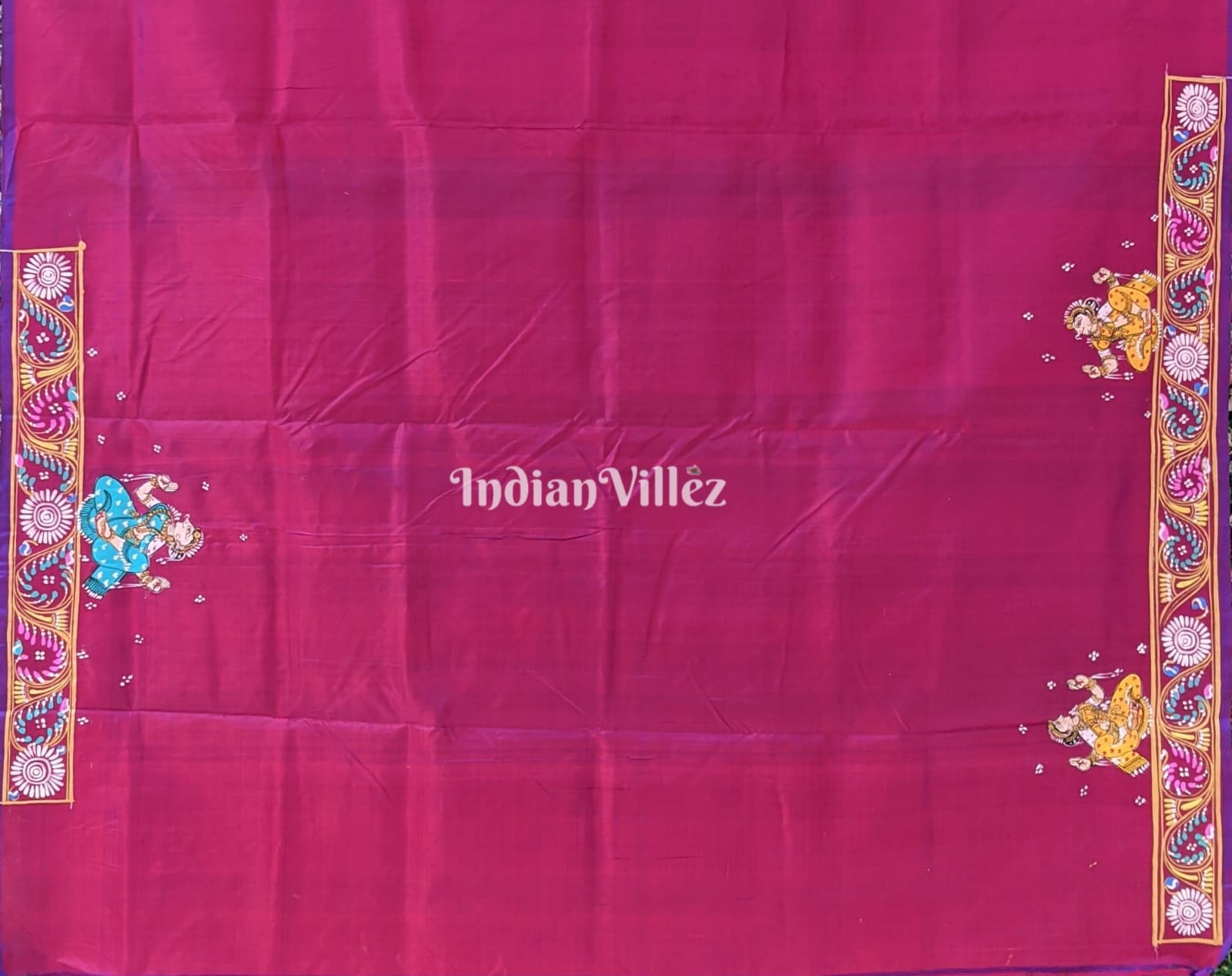Maroon Radha Krishna Pattachitra Art Pure Silk Saree