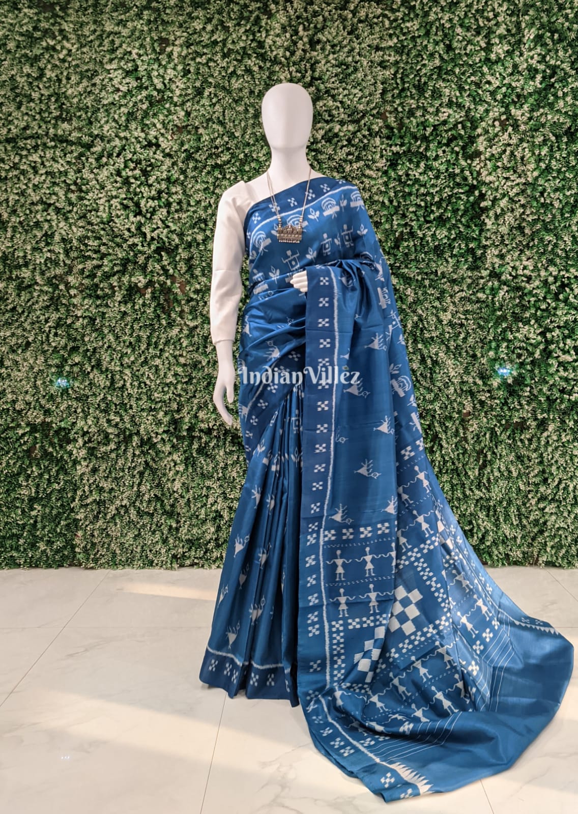 Navy Blue Tribal Theme Contemporary Silk Saree