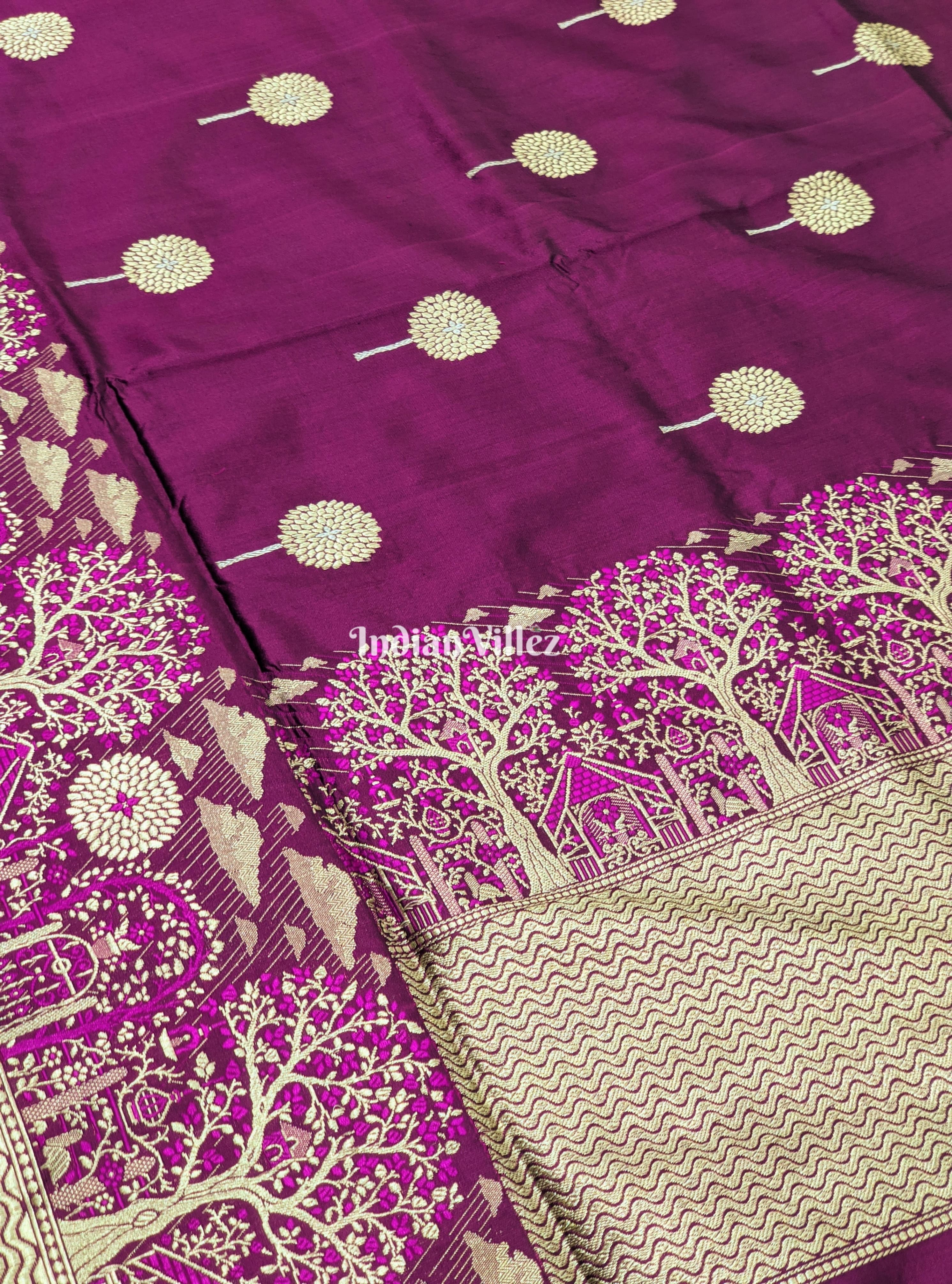 Tyrian Purple Threadwork Banarasi Katan Silk Saree