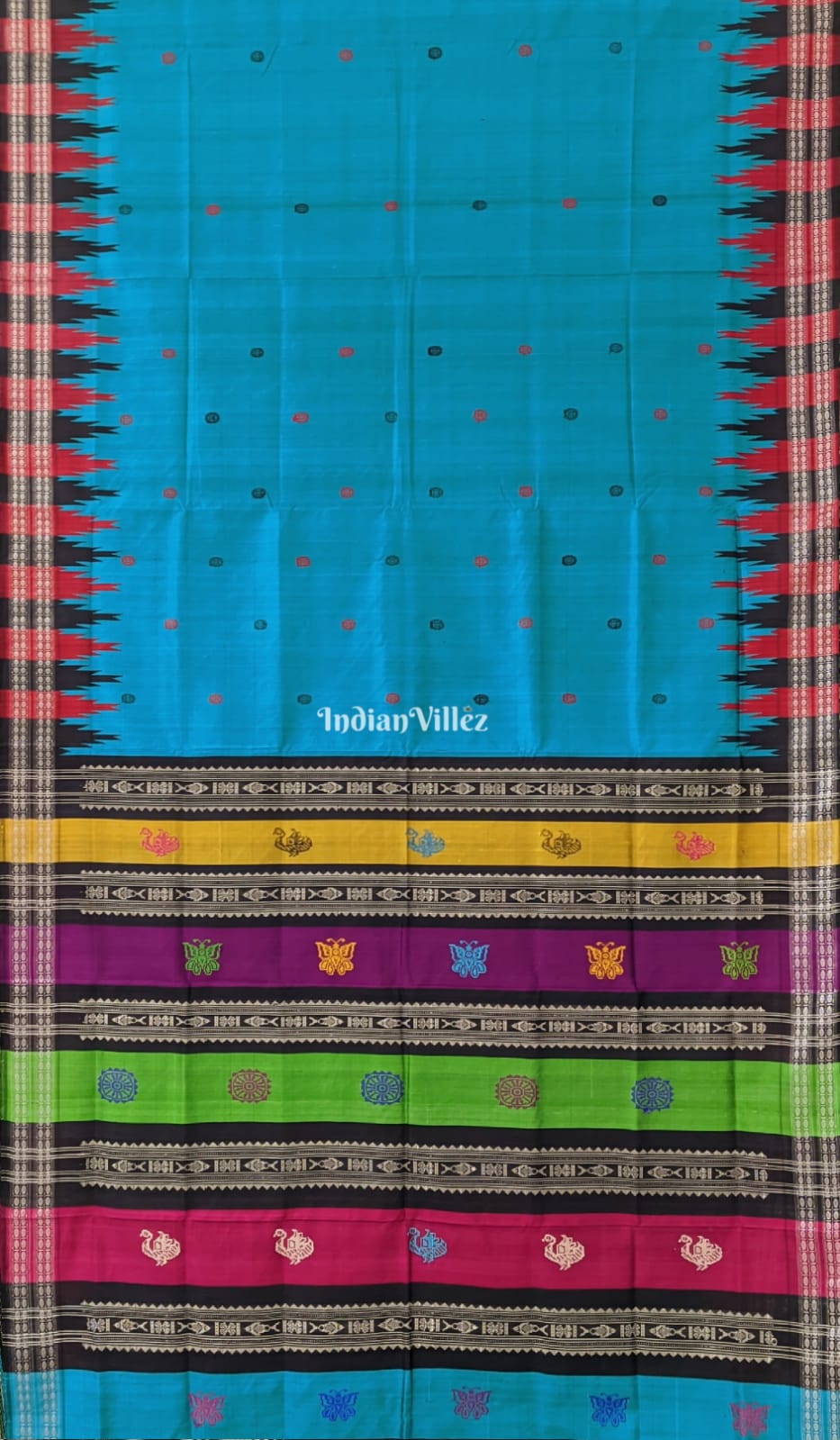 Sea Blue Double Pallu Brahampuri Silk Saree with Flower Motif
