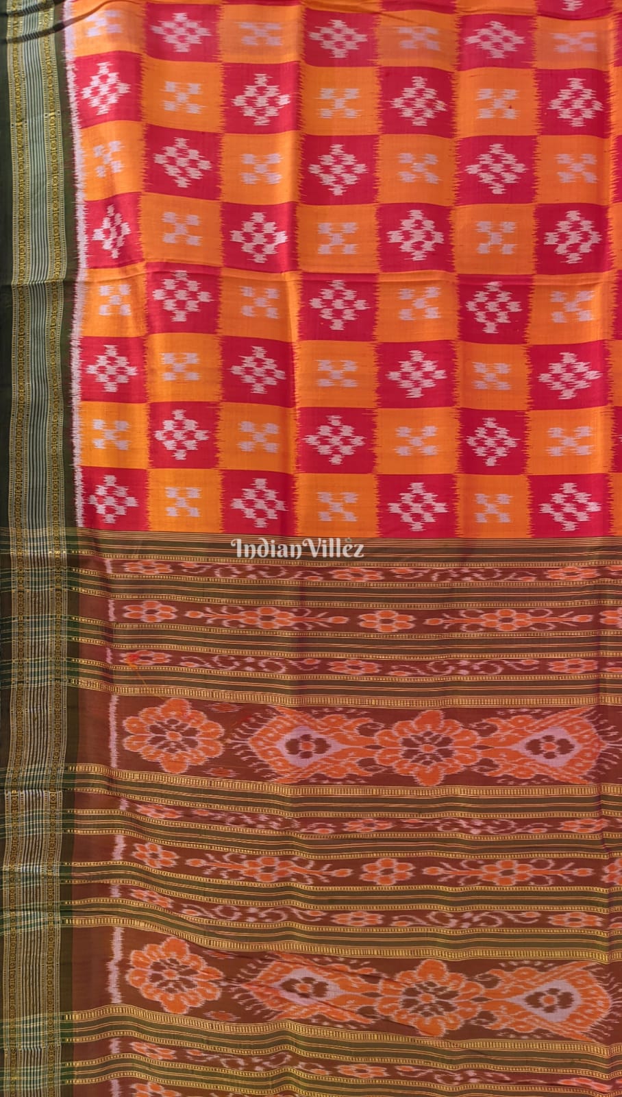 Orange Red Body Pasapali with Black Border Khandua Silk Saree