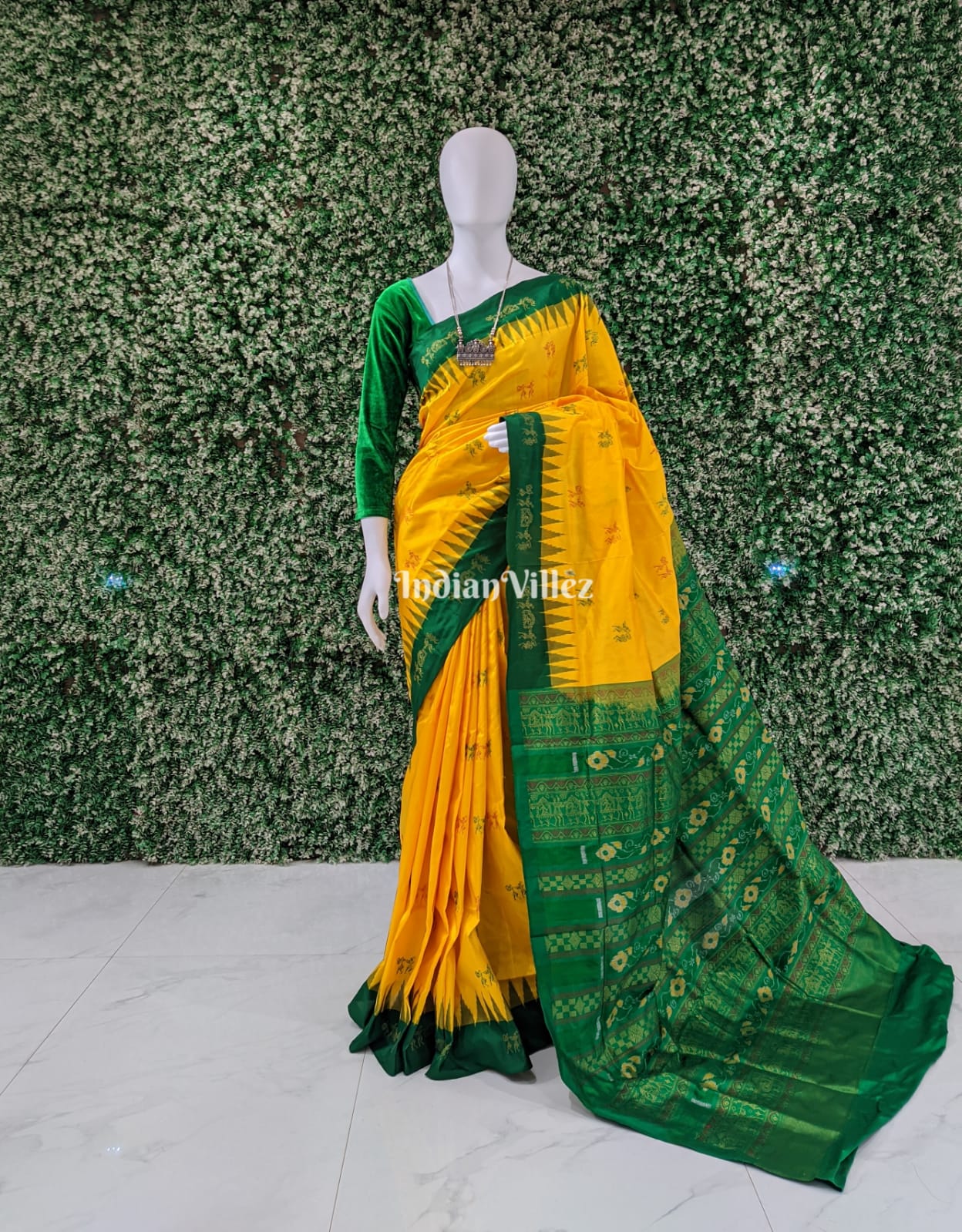Yellow Green Tribal Bomkai Sambalpuri Ikat Silk Saree with Tissue Work