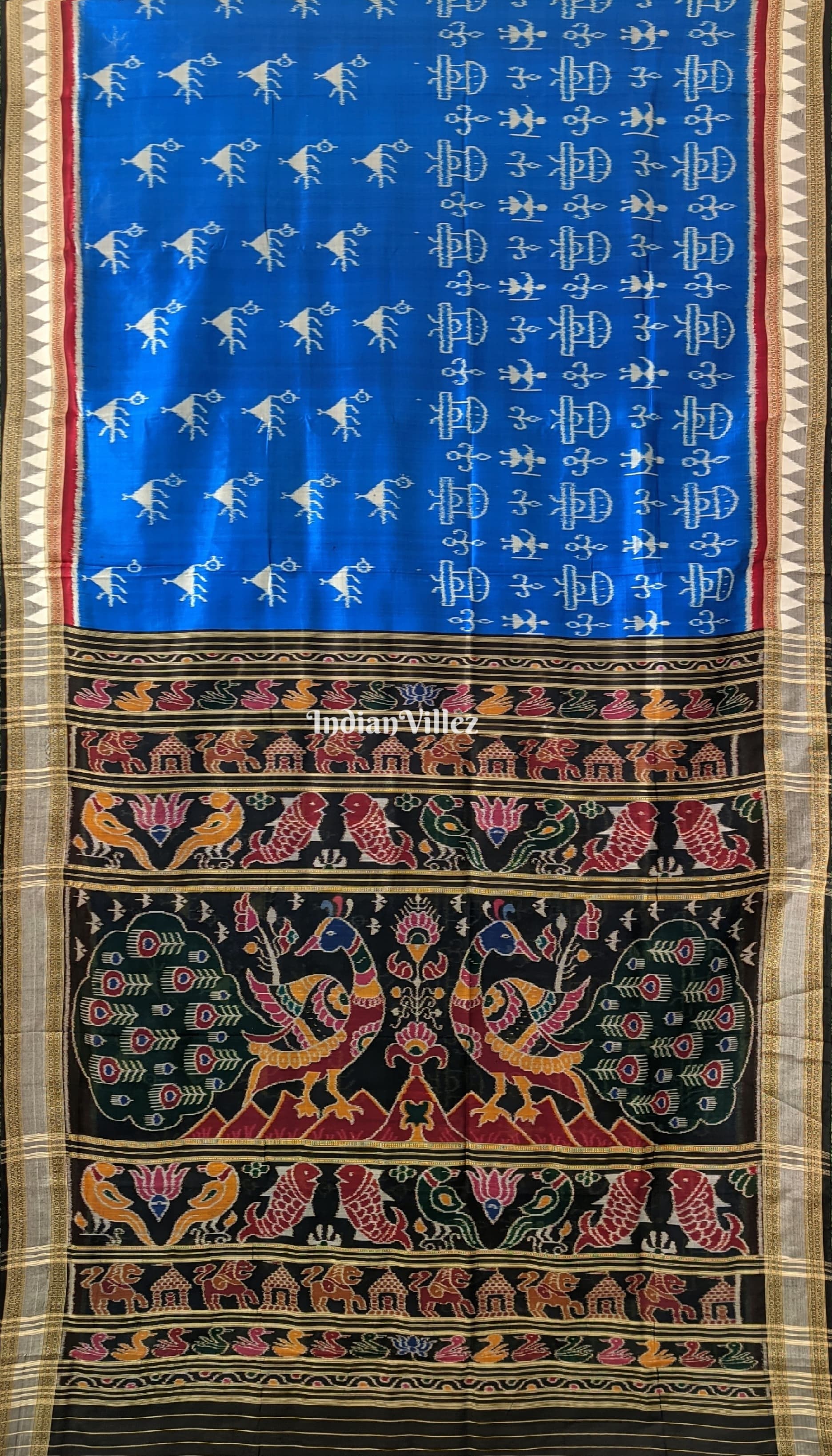 Sky Blue Tribal Odisha Ikat Khandua Silk Saree with Peacock in Anchal