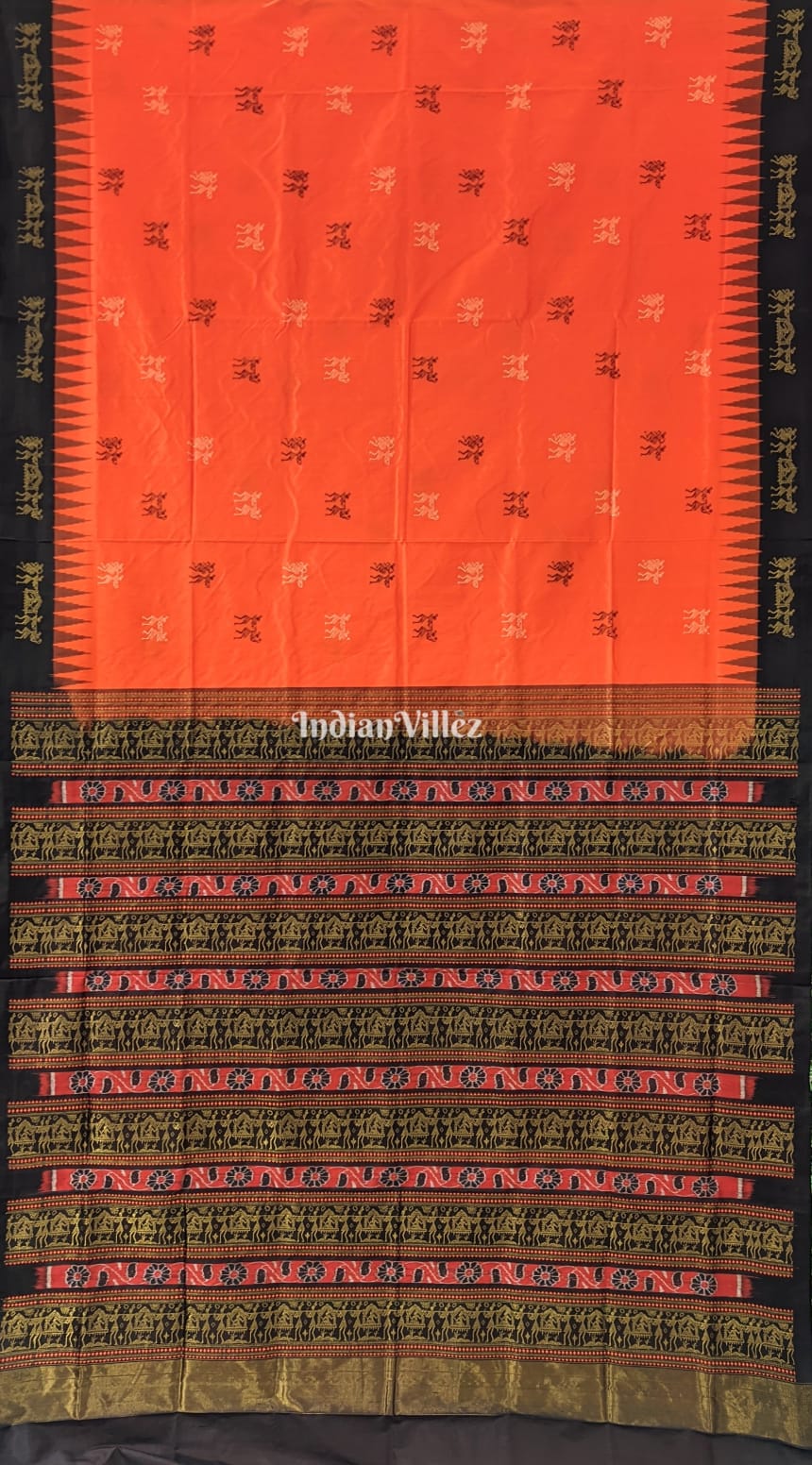 Orange Black Bomkai Sambalpuri Ikat Silk Saree with Tissue Work