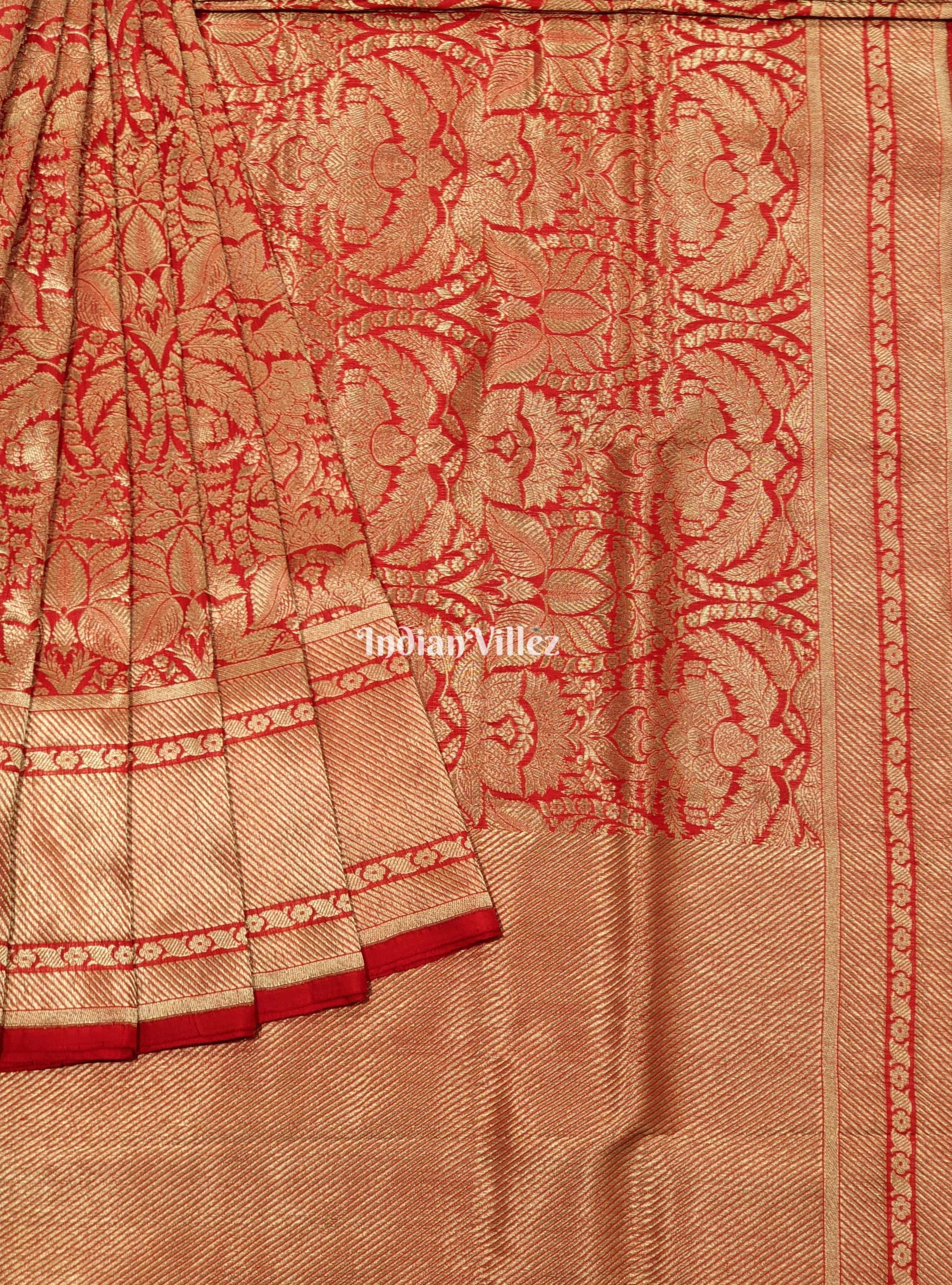 Red Floral Designer Banarasi Katan Saree