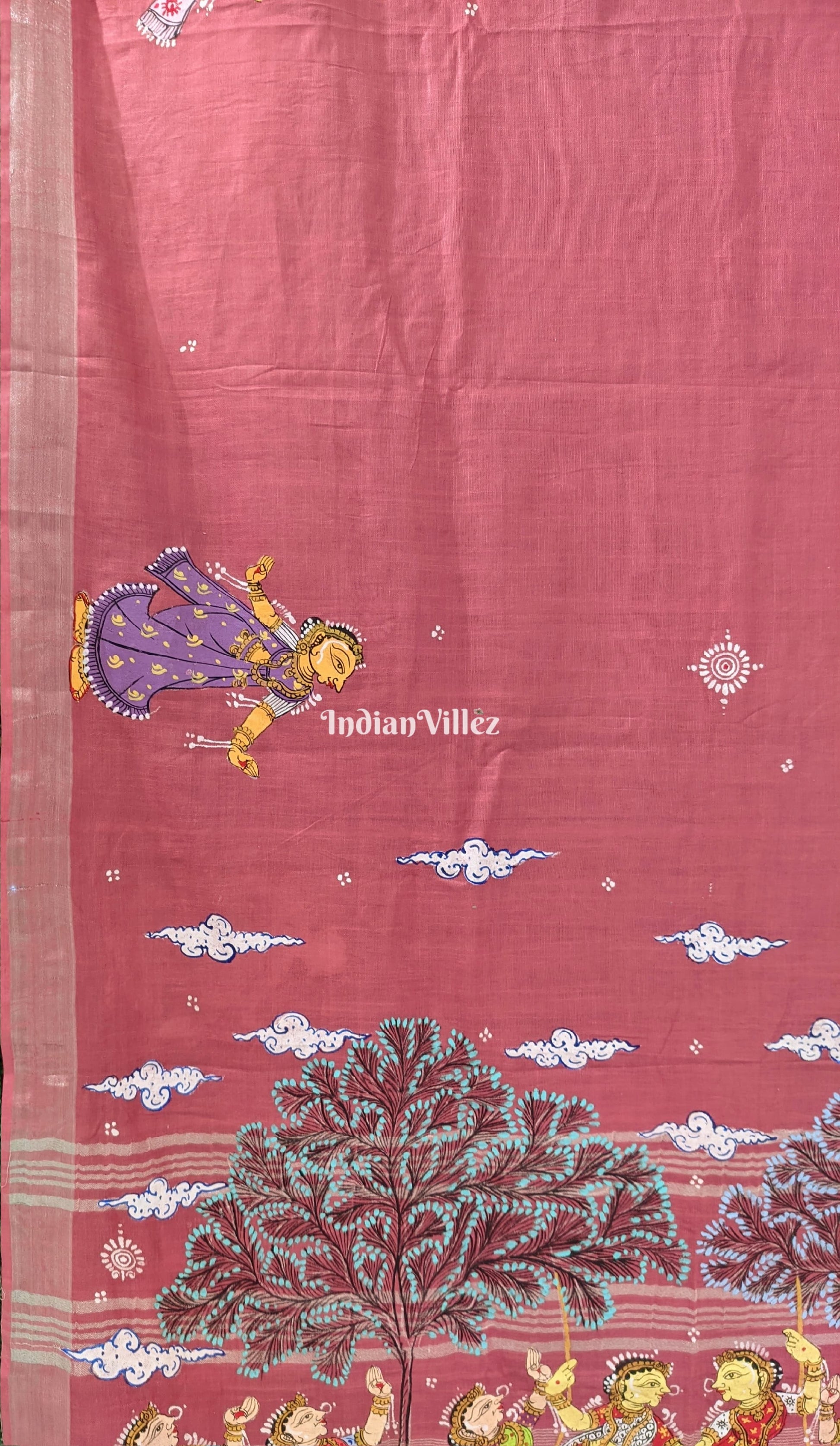 Pink Raja Theme Pattachitra on Linen Cotton with Zari Border Saree