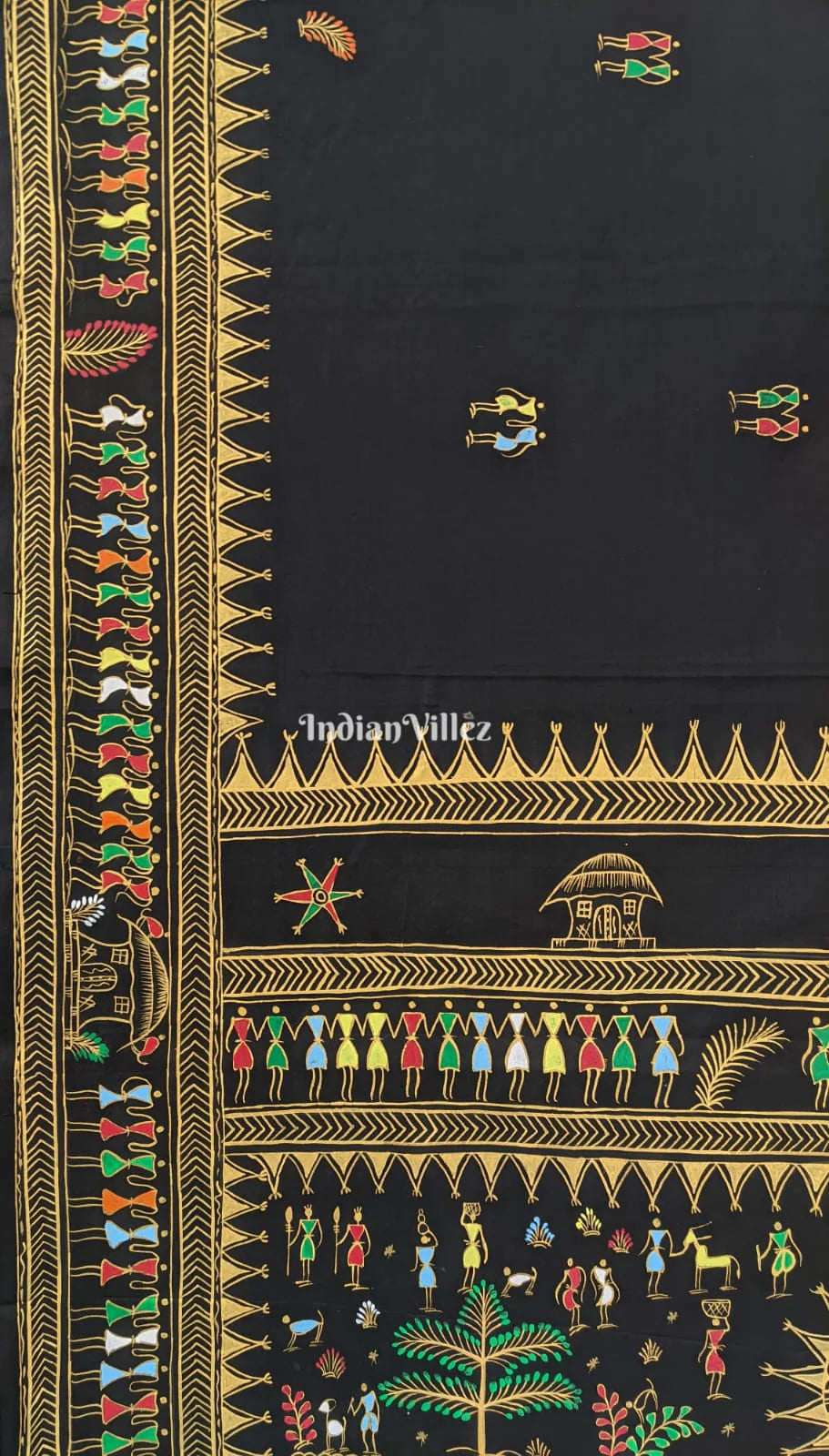 Black Tribal Themed Pattachitra Silk Saree