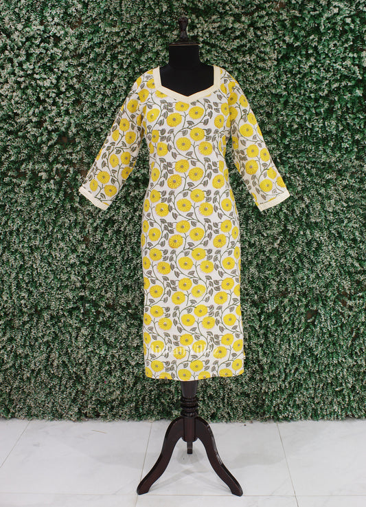 Yellow Floral Cotton Block Printed Kurti for Women