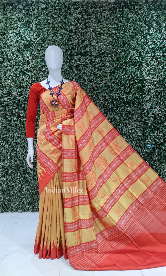 Golden Red Fish Motif Double Pallu Berhampuri Silk Saree