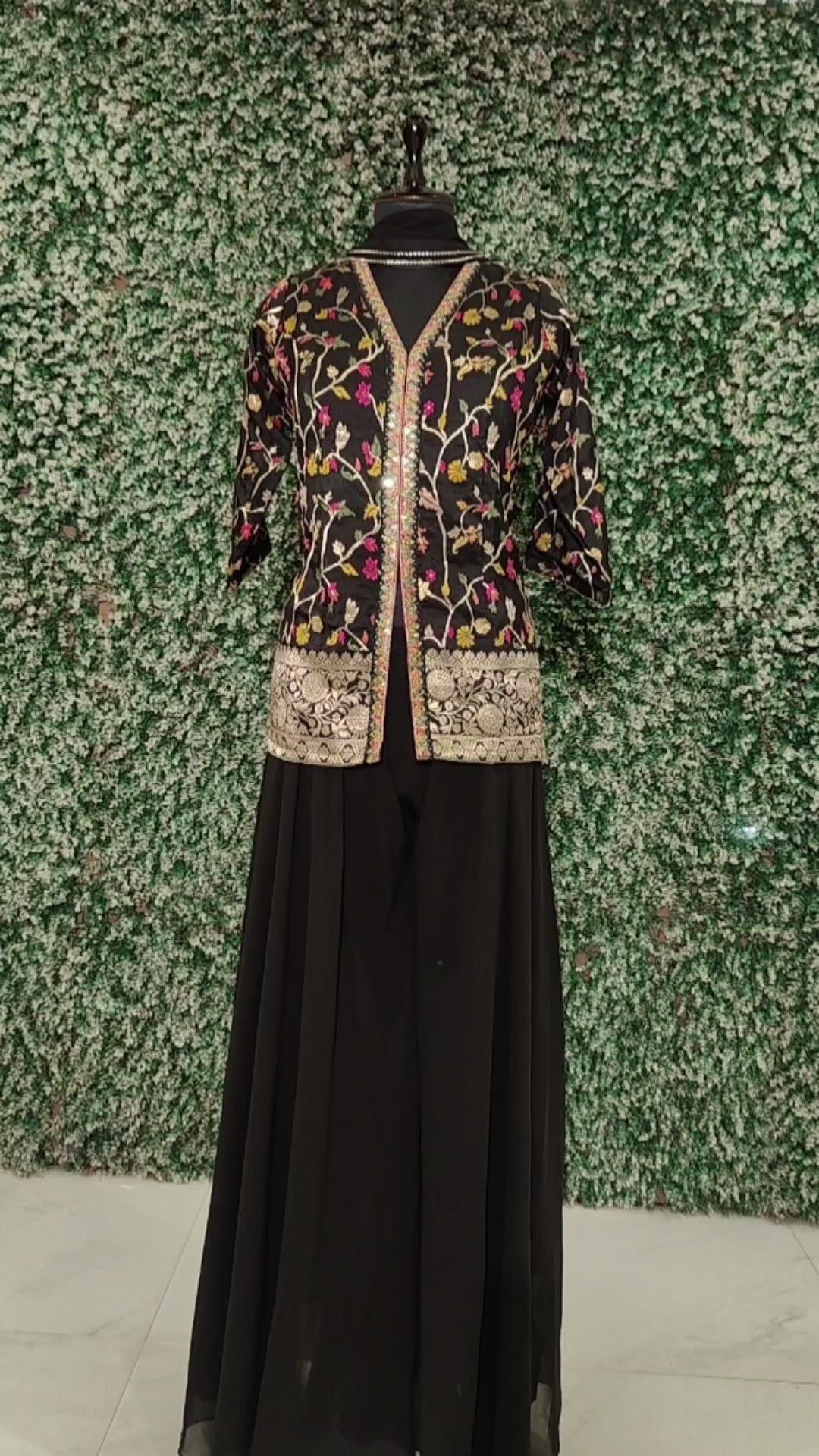 Designer Black  Embroidered  Raw silk Jacket with Banarasi work Sharara set