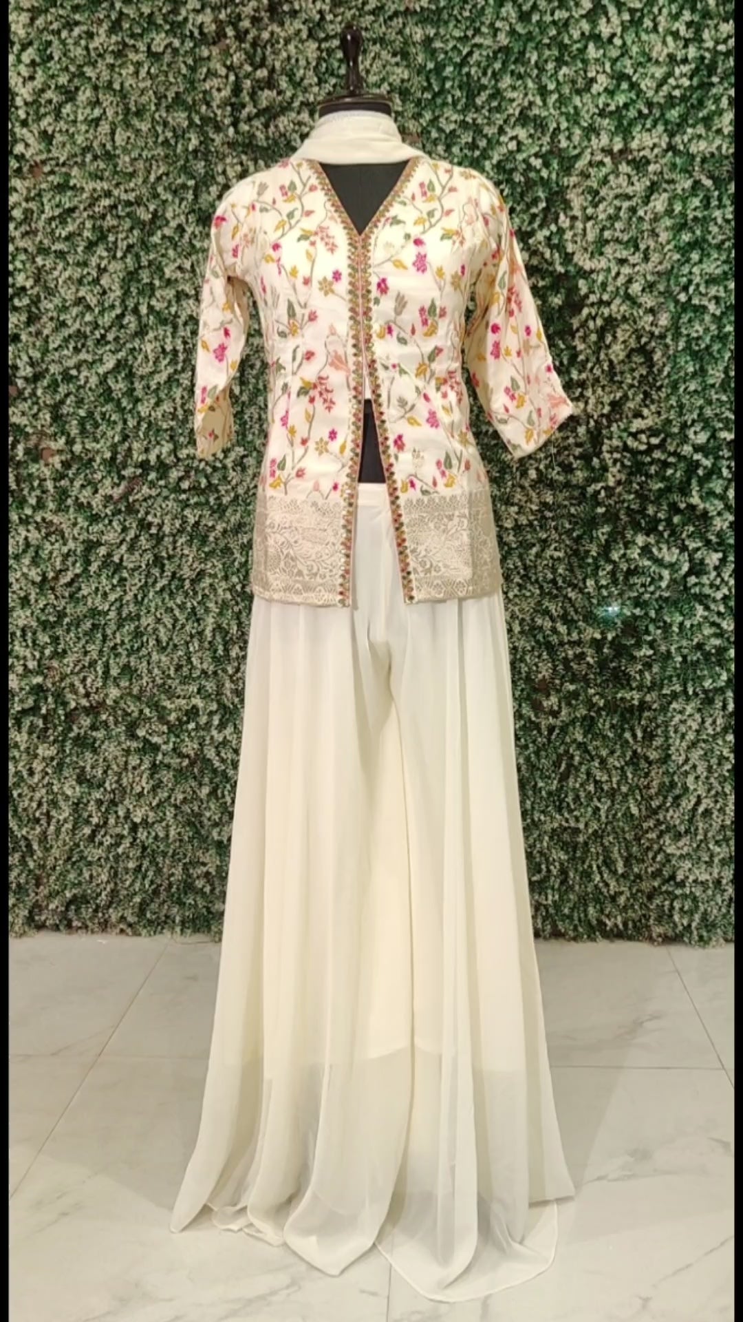 Ethnic White Multi Thread Embroidered Blazer Jacket With Flared Palazzo Set