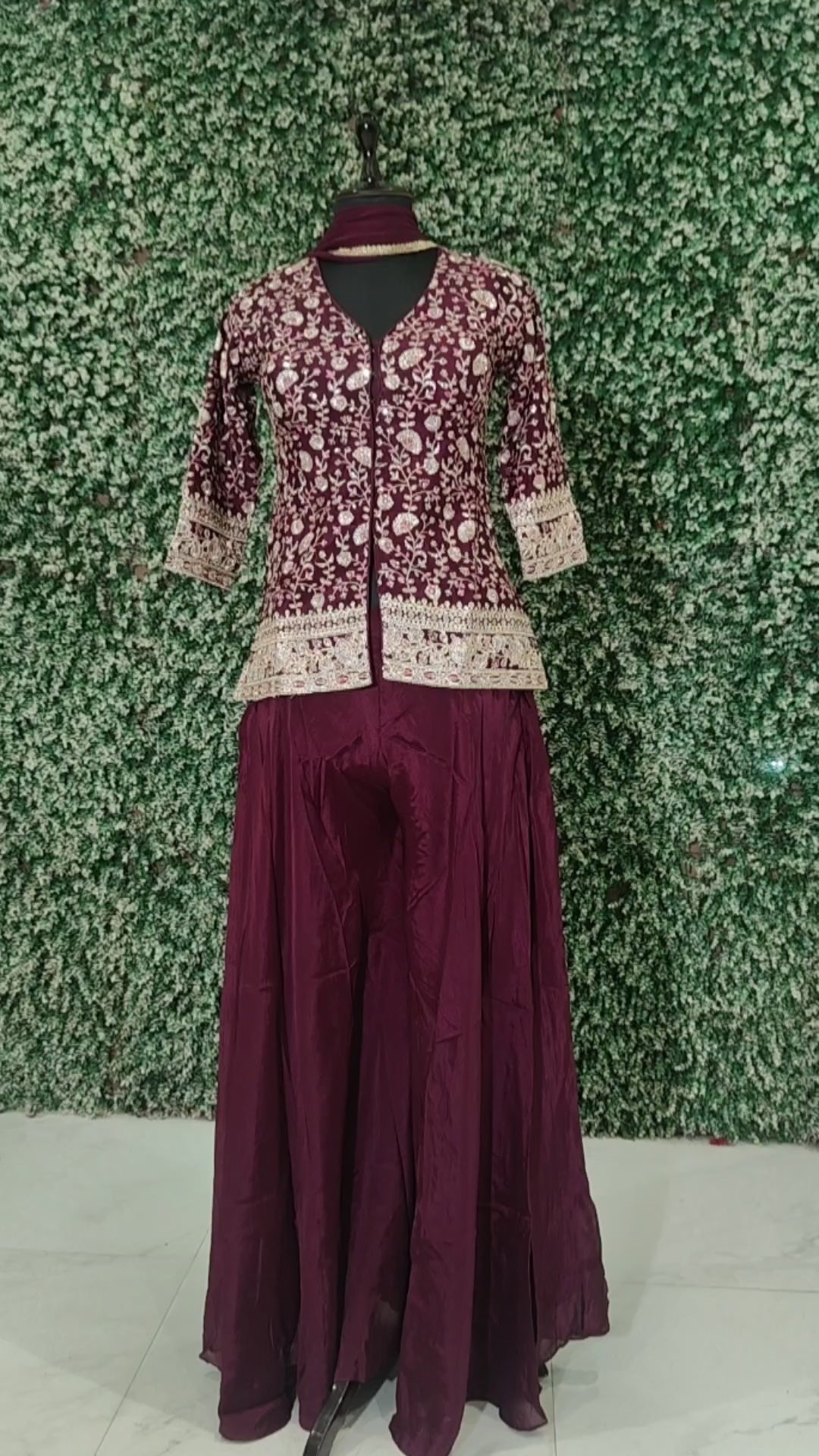 Maroon  Embroidered Kurta with Sharara Set & Dupatta