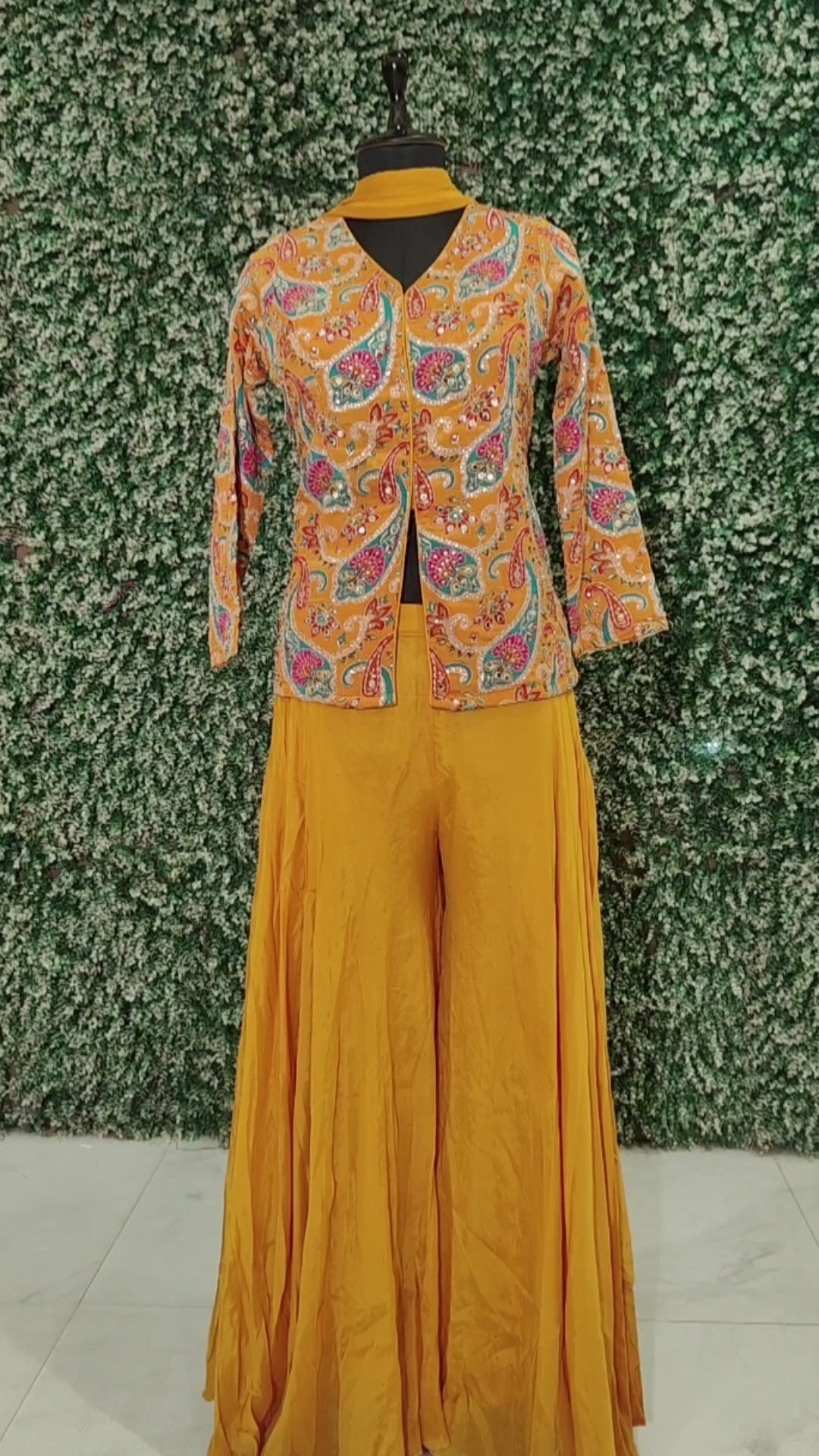 Mustard Yellow Mirror Work Floral Jacket With Flared Palazzo Set