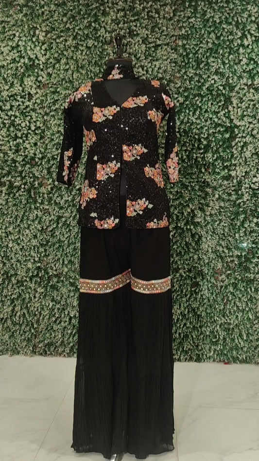 Black Floral Sequin Detail Kurti with Sharara & Dupatta Set
