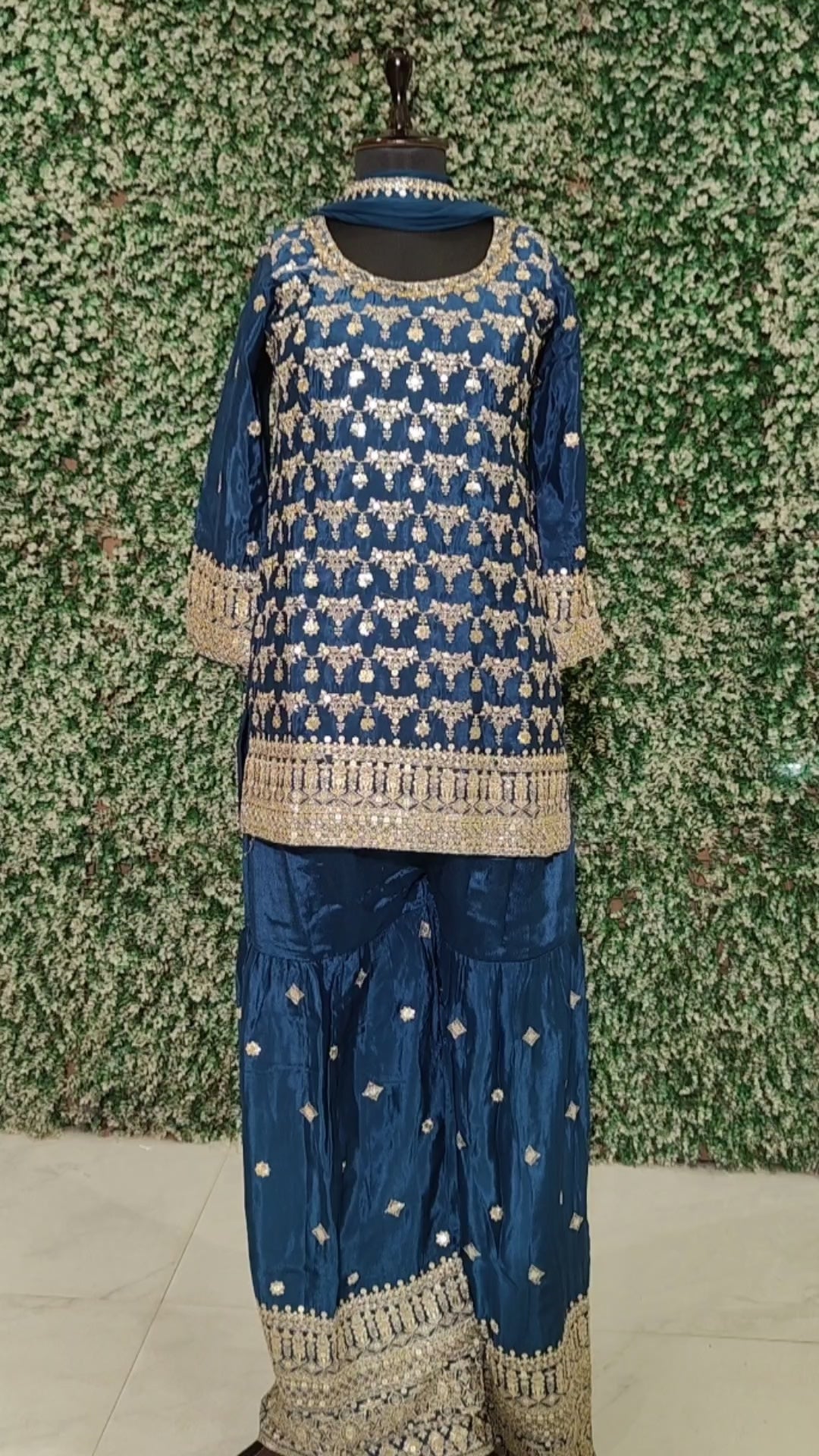 Ethnic Navy Blue Kurta Set with Sharara and Dupatta