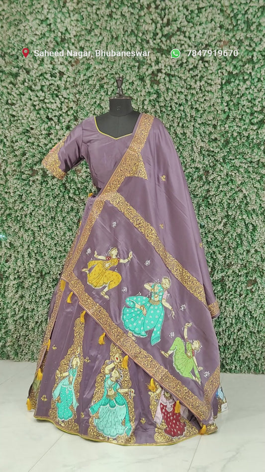 Lavendar Hand-Painted Pattachitra Silk Lehenga Set with Dupatta 