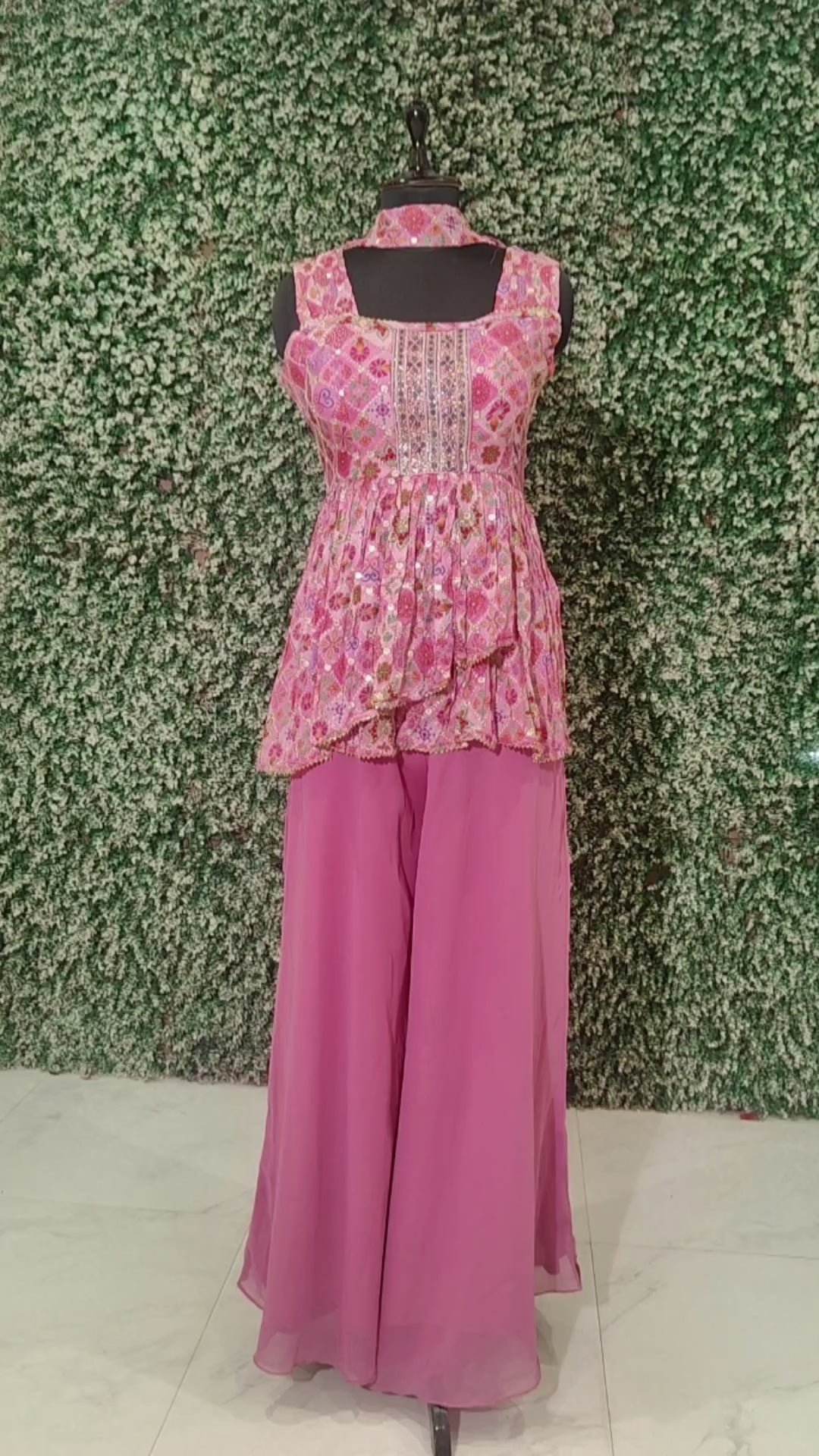 Pink Floral Embroidered Frill Top With Palazzos & Dupatta
