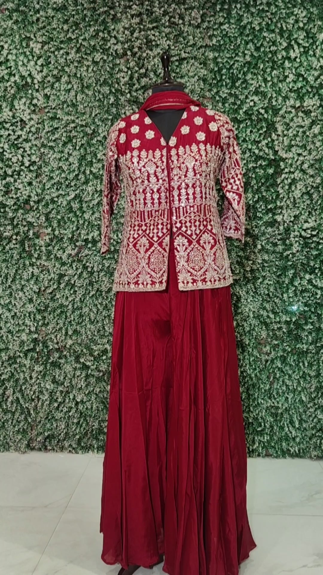 Red Embroidered Kurta with Palazzo Set and Dupatta