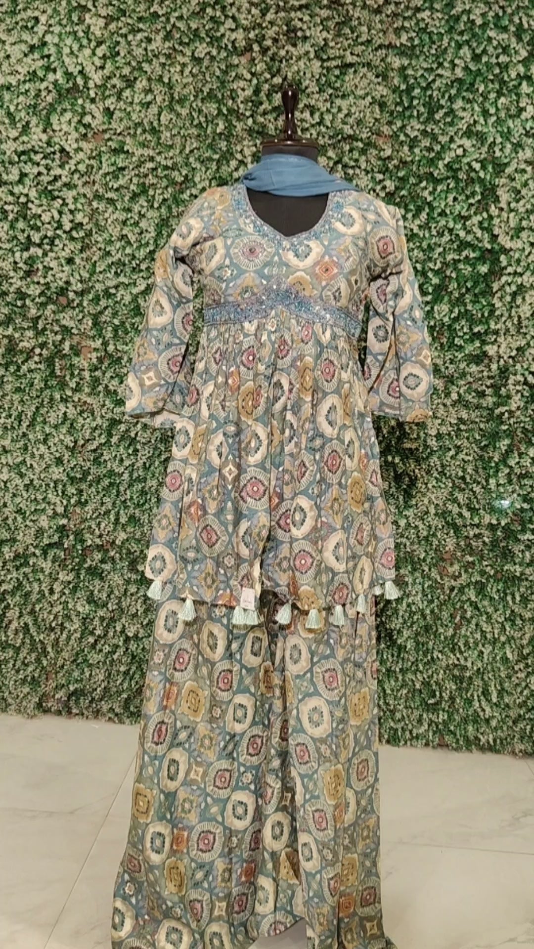 Blue with Multicolour Printed  work with Palazzo Set