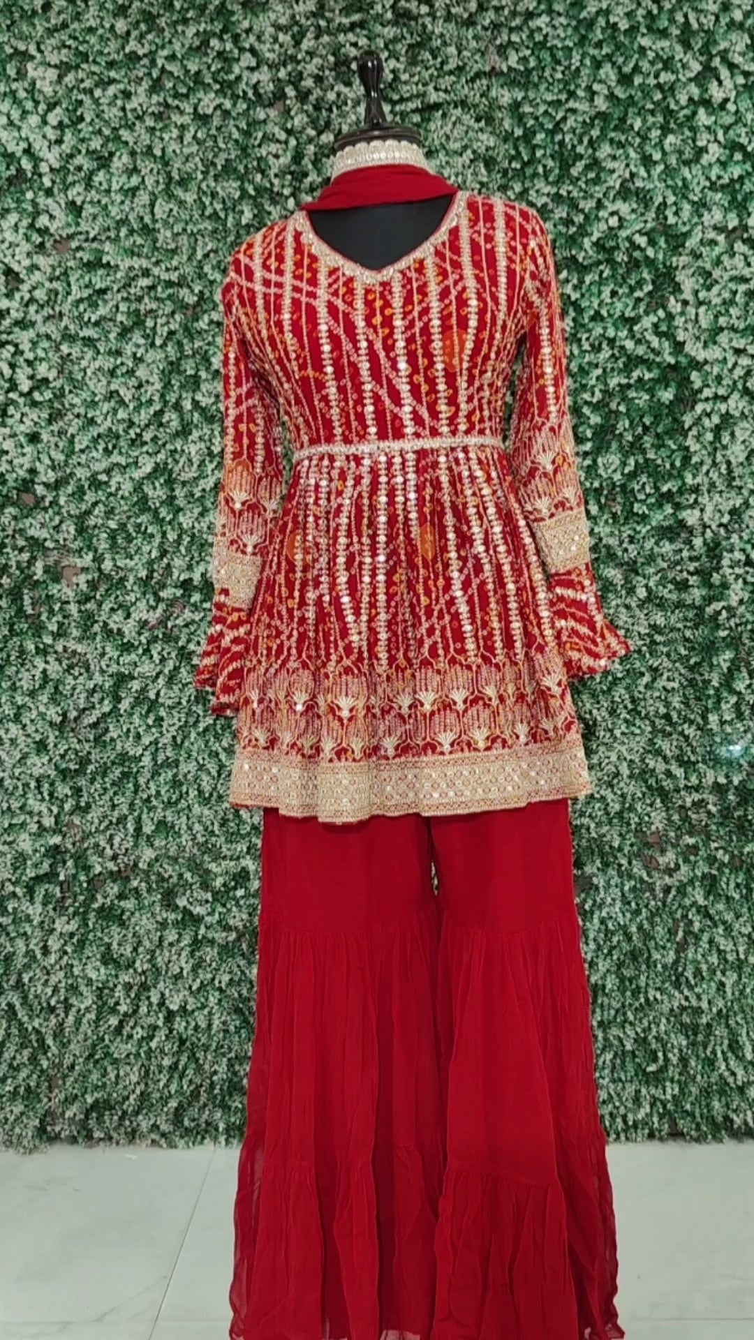 Red Bandhini  Frill Kurta with Sharara Set