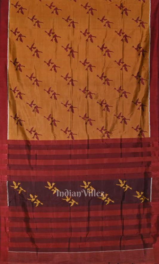 Mustard Yellow  Maroon Bird Odisha Ikat Contemporary Designer Silk Saree