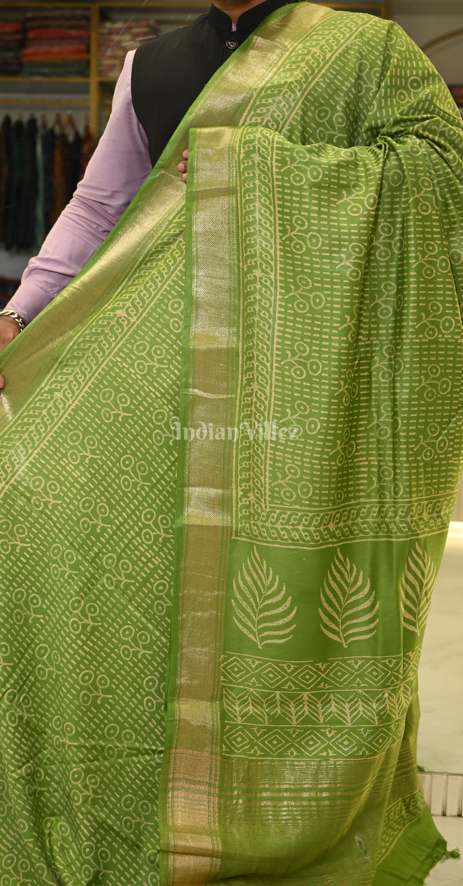 Green Block Printed Cotton Saree 