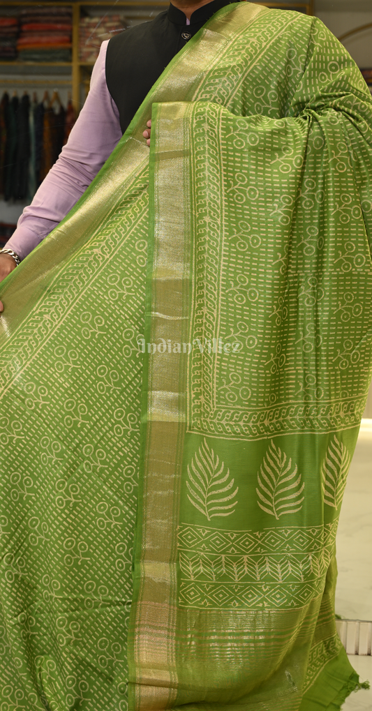 Green Block Printed Cotton Saree 