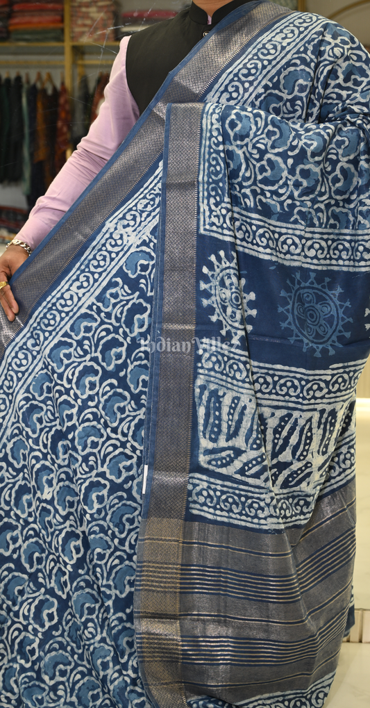 Blue Block Printed Dabu Cotton Saree
