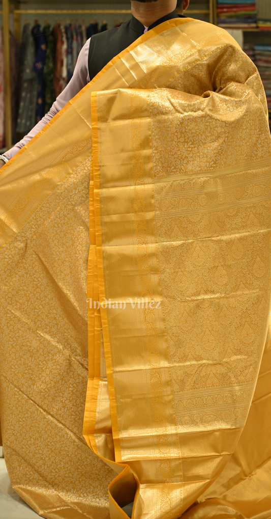 Exclusive Golden Yellow Floral  Brocade Pure Kanjivaram Tissue Silk Saree 
