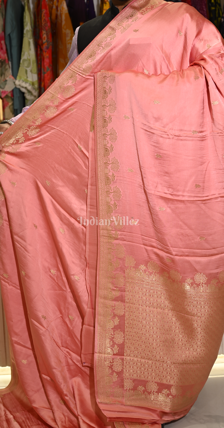 Peach Golden Floral Motif Pure Crepe Kanjivaram Silk Saree