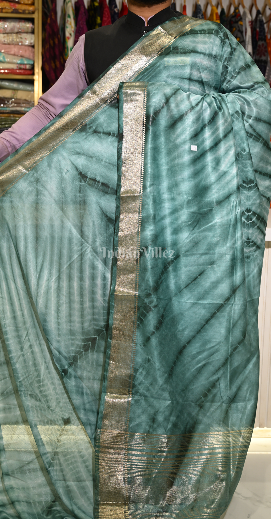 Teal Blue Block Printed Shibori Cotton Saree 