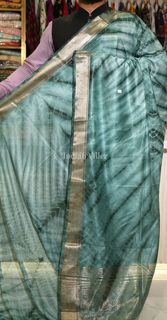 Teal Blue Block Printed Shibori Cotton Saree 