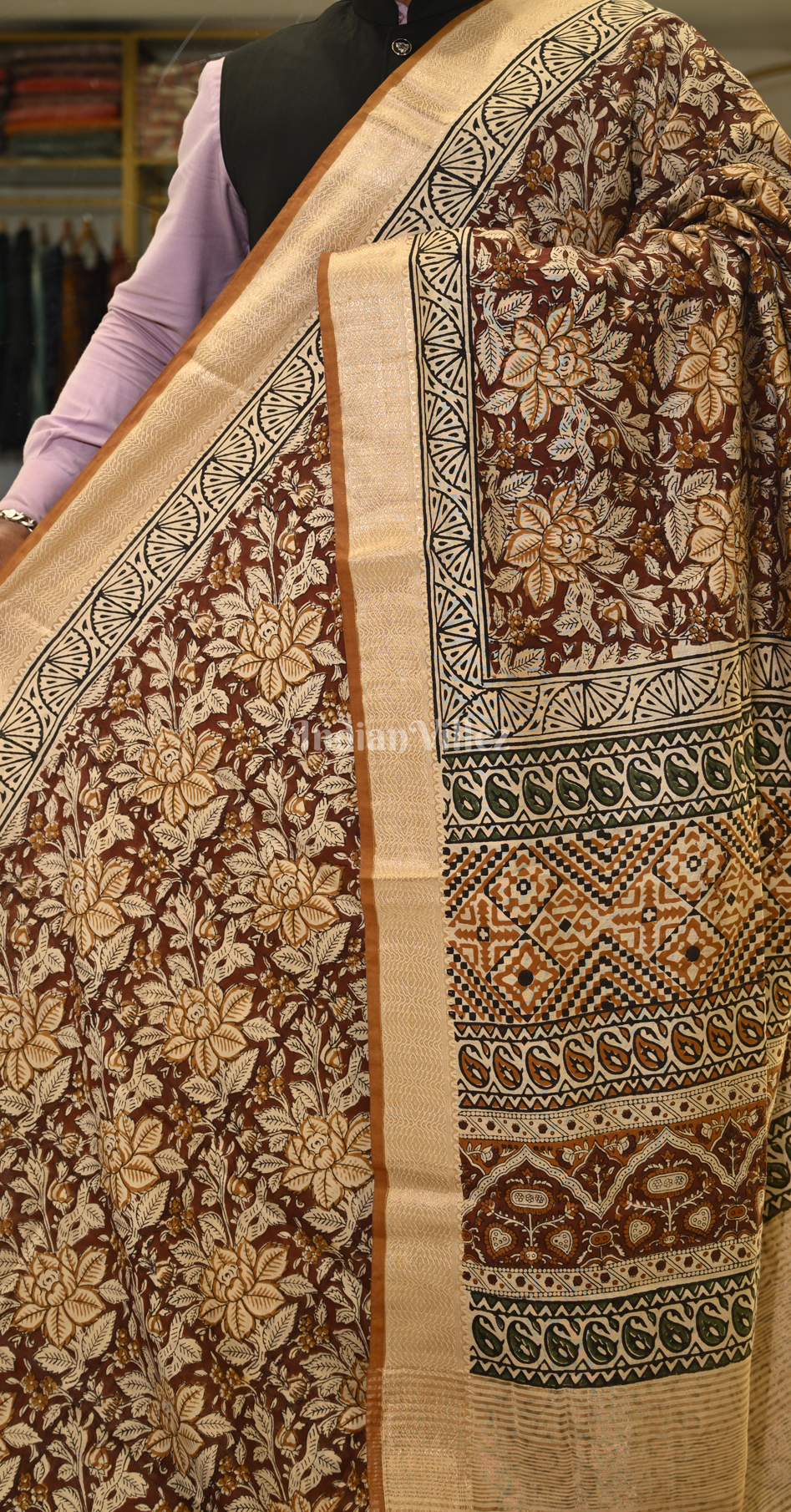 Brown Maroon Block Printed Bagru Cotton Saree 